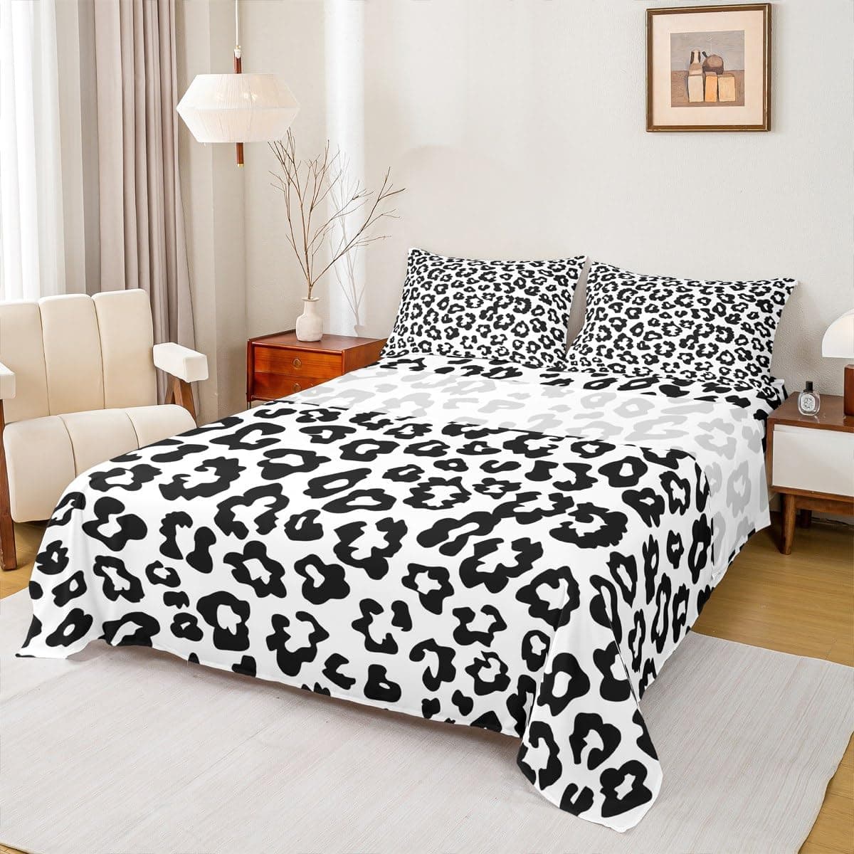 Black Leopard Print Kids Sheet Queen Size,Abstract Cheetah Skin Chic Bedding Set,Girls Boys Women Room Decor,Rustic Farmhouse Retro Noble Fashion Bed Sheet Set 4pcs(Fitted + Flat + 2 Pillowcases)