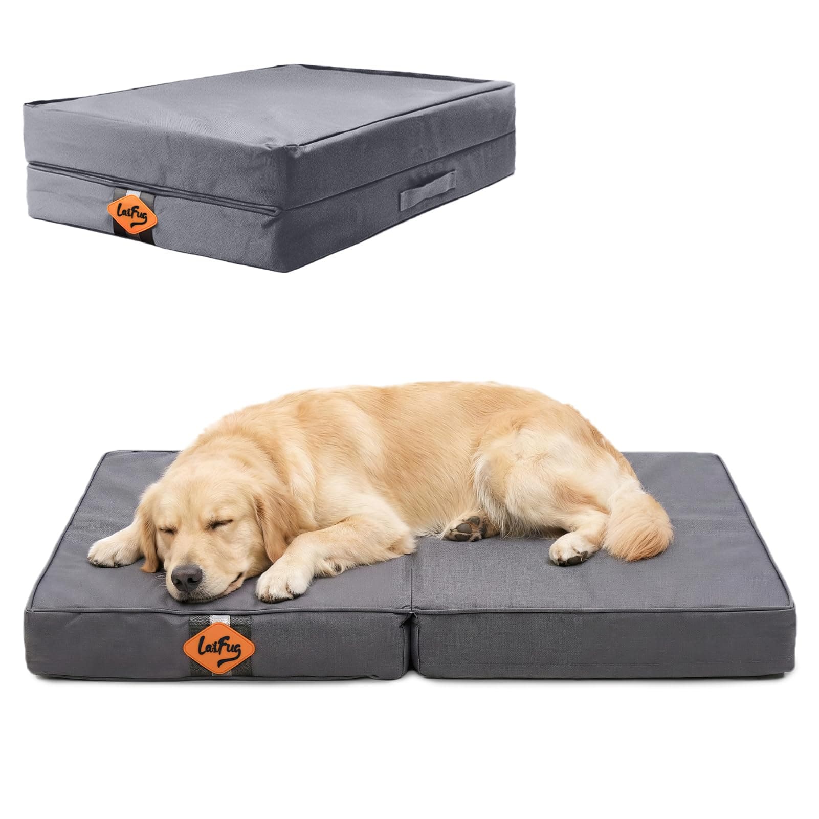 Laifug Foldable Waterproof Dog Bed for Large Dogs - Outdoor Orthopedic Dog Bed with Washable Removable Cover, Pet Mattress with Handles, Elephant Grey, (44 x 32 x 3.5 inches)