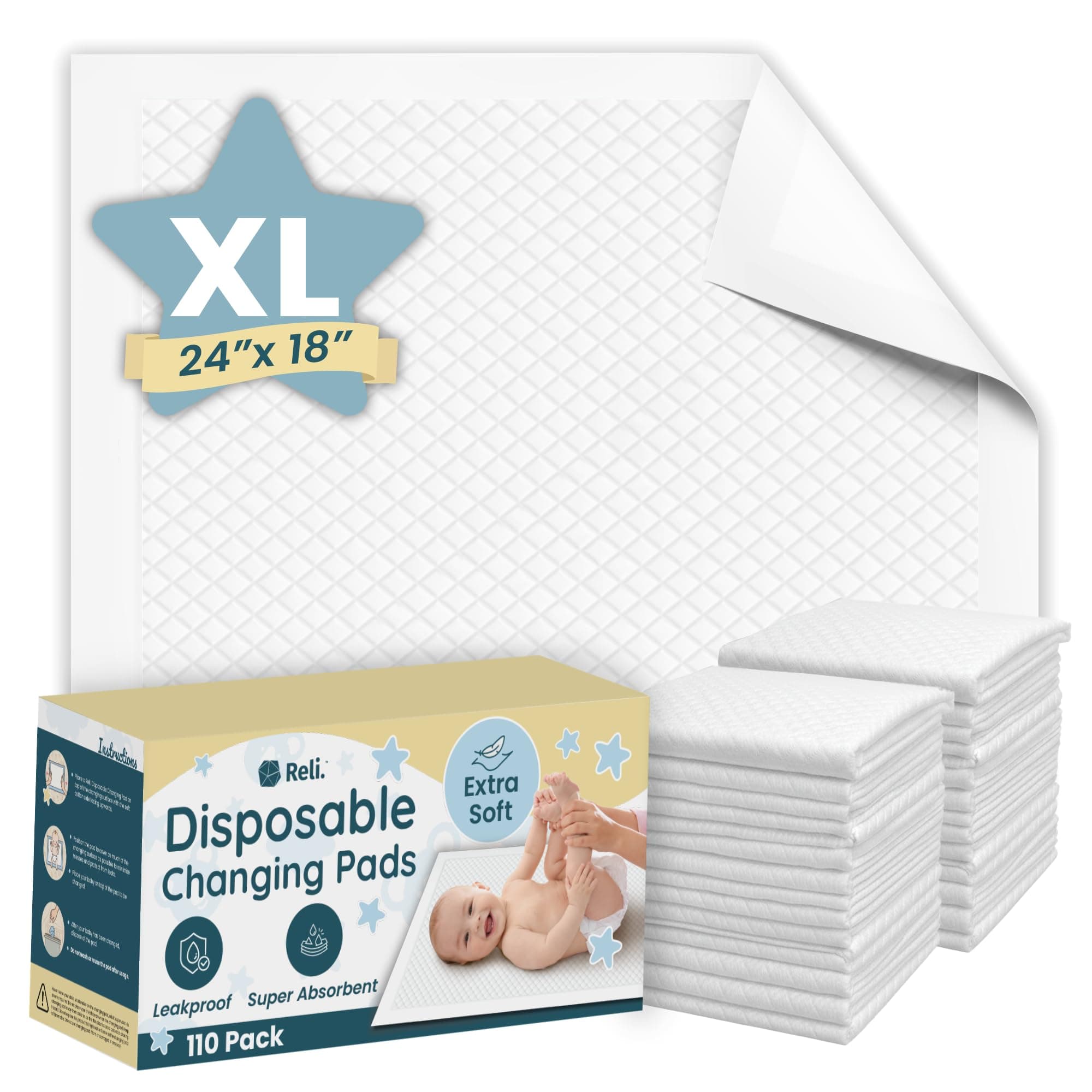Reli. Disposable Changing Pads for Baby (110 Pack) | 18" x 24" Disposable Diaper Changing Pads, Large | Super Absorbent, Leak-Proof Liners | Waterproof, Quick Dry Underpads (White)