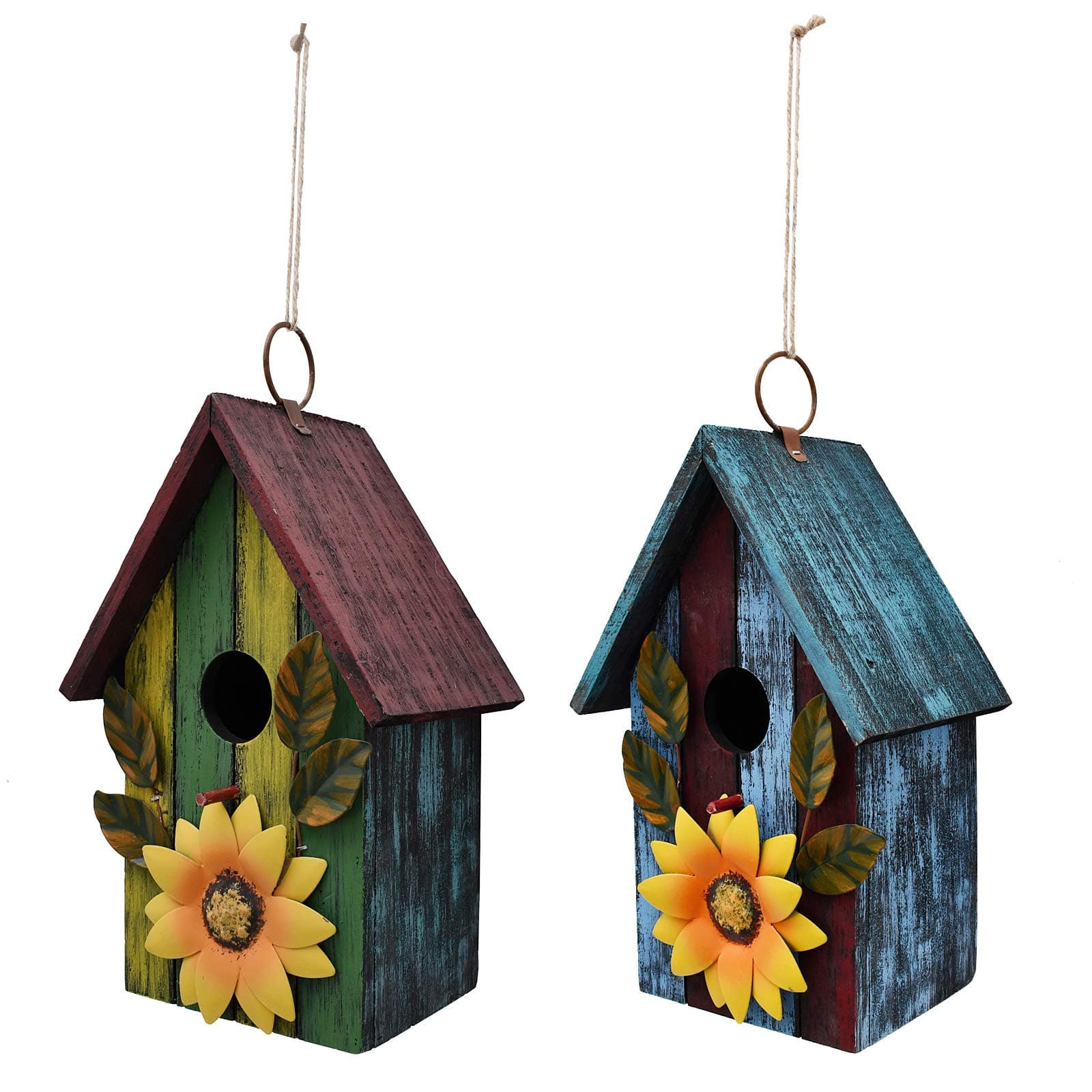 K KILIPES 2 x Wooden Bird Houses for Outside Hanging Garden Patio Decorative Bird Houses Outdoor Hand Painted Birdhouse for Small Bird Finch Cardinal (Yellow Green+Blue)