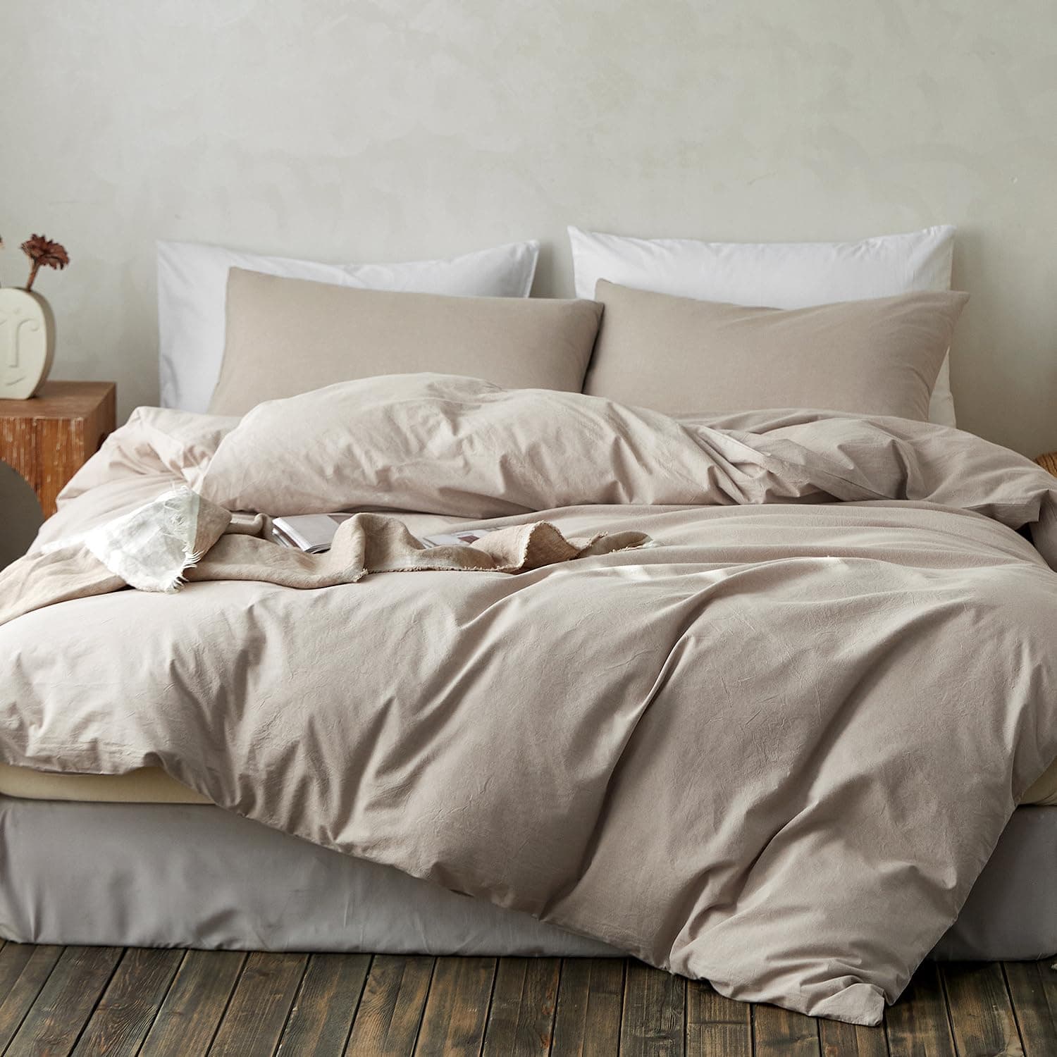 TOCOMOA Cotton Duvet Cover Set Like Linen Feel, Linen Grey, King