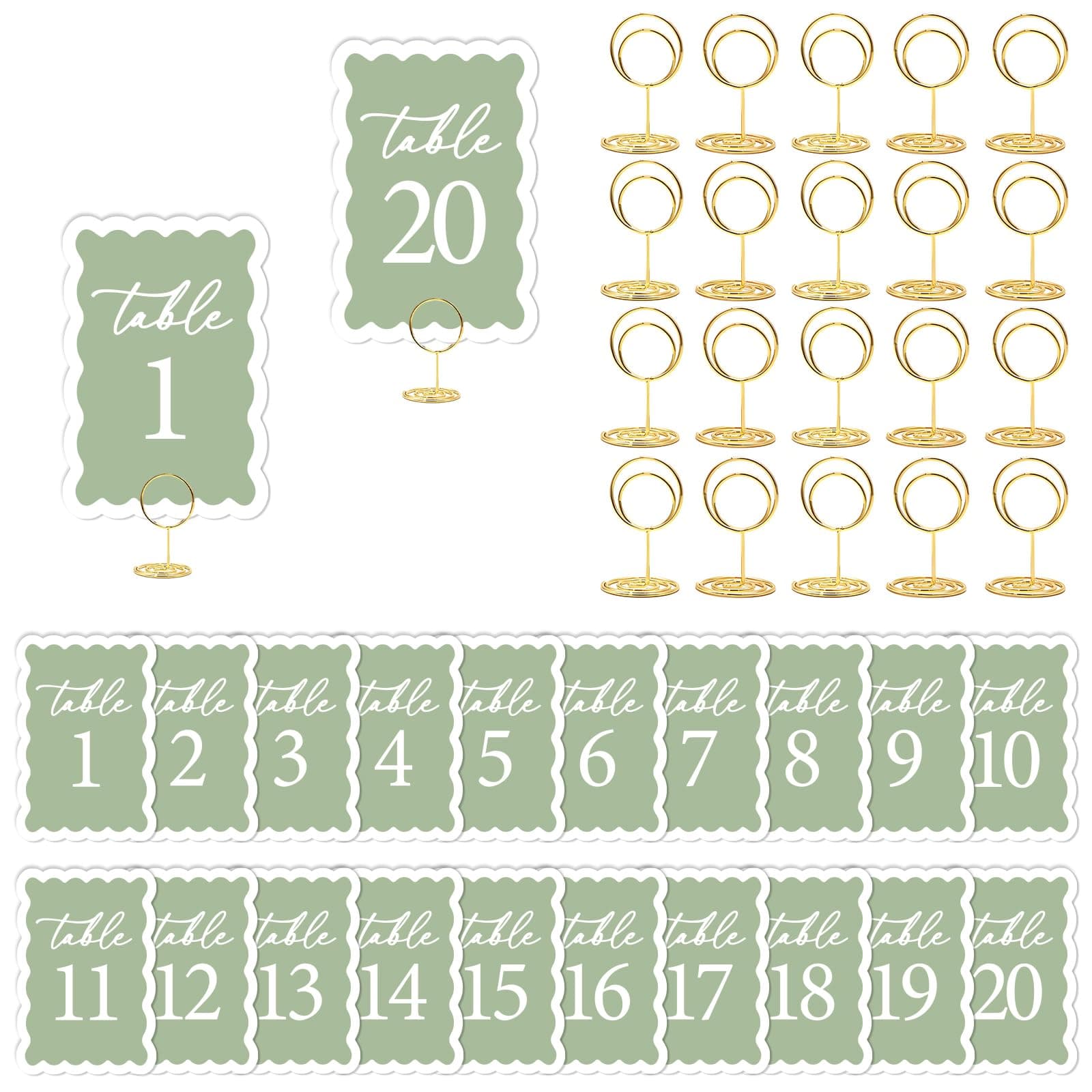 CORNER LACE Sage Green Wave Border Table Numbers 1-20 with 20Pcs Gold Table Card Holders - 4"x6" Double-Sided Place Cards for Wedding Birthday Anniversary Bridal Shower Party Restaurant Supplies