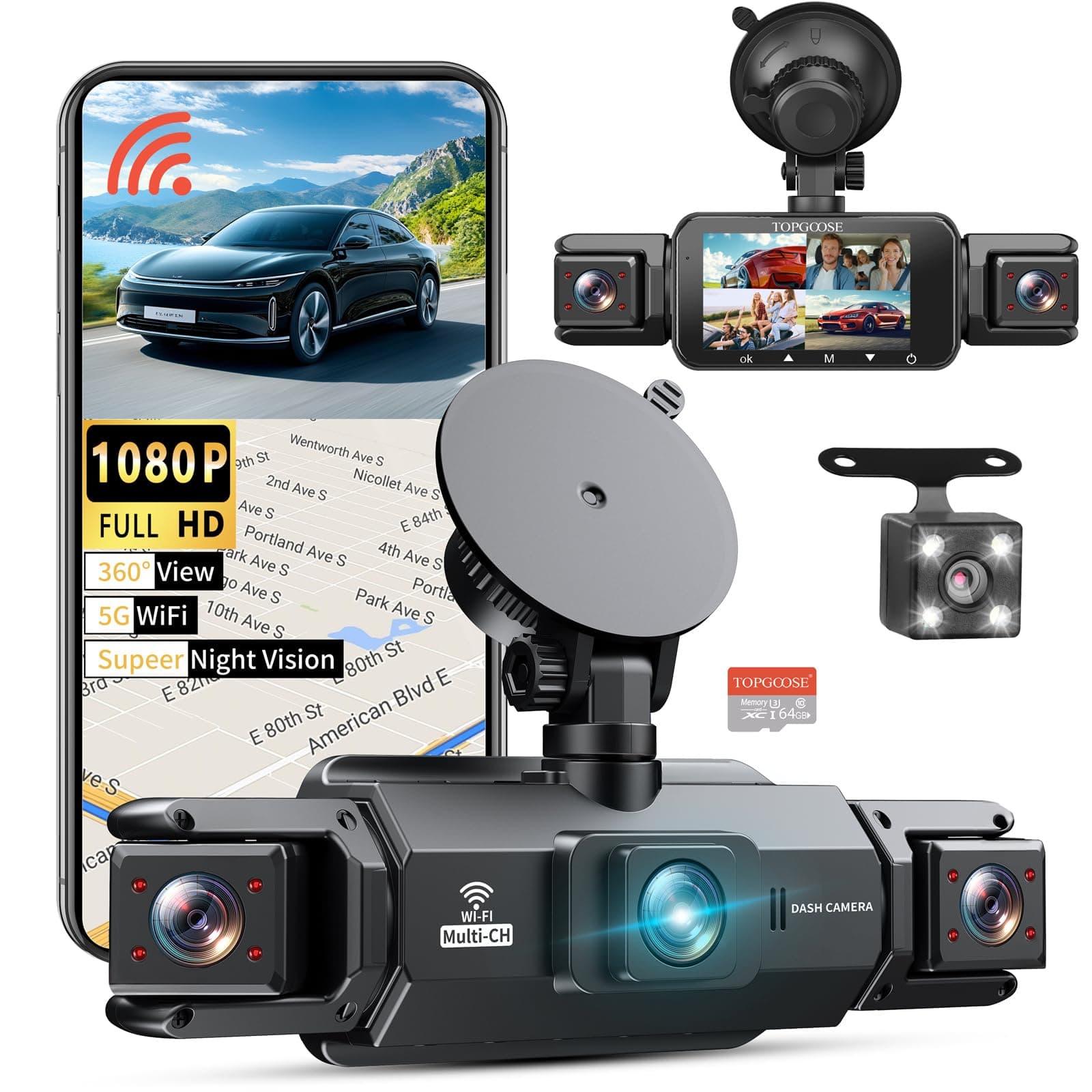 360° Dash Cam 4 Channel 5G WiFi & APP Control, Free 64GB Card, TOPGOOSE 2K FHD Front and Rear Inside, Left Right Dash Camera for Cars, G-Sensor, Loop Recording, 24H Parking Mode