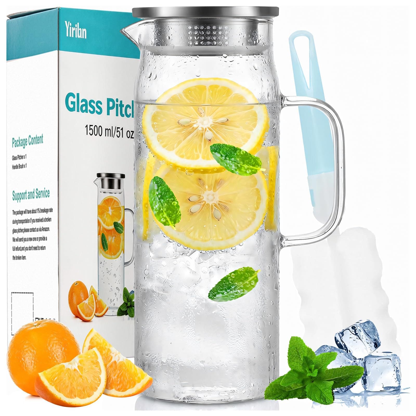 Yirilan Glass Pitcher 1.5L Water Pitcher with Lid, Juice & Water Jug