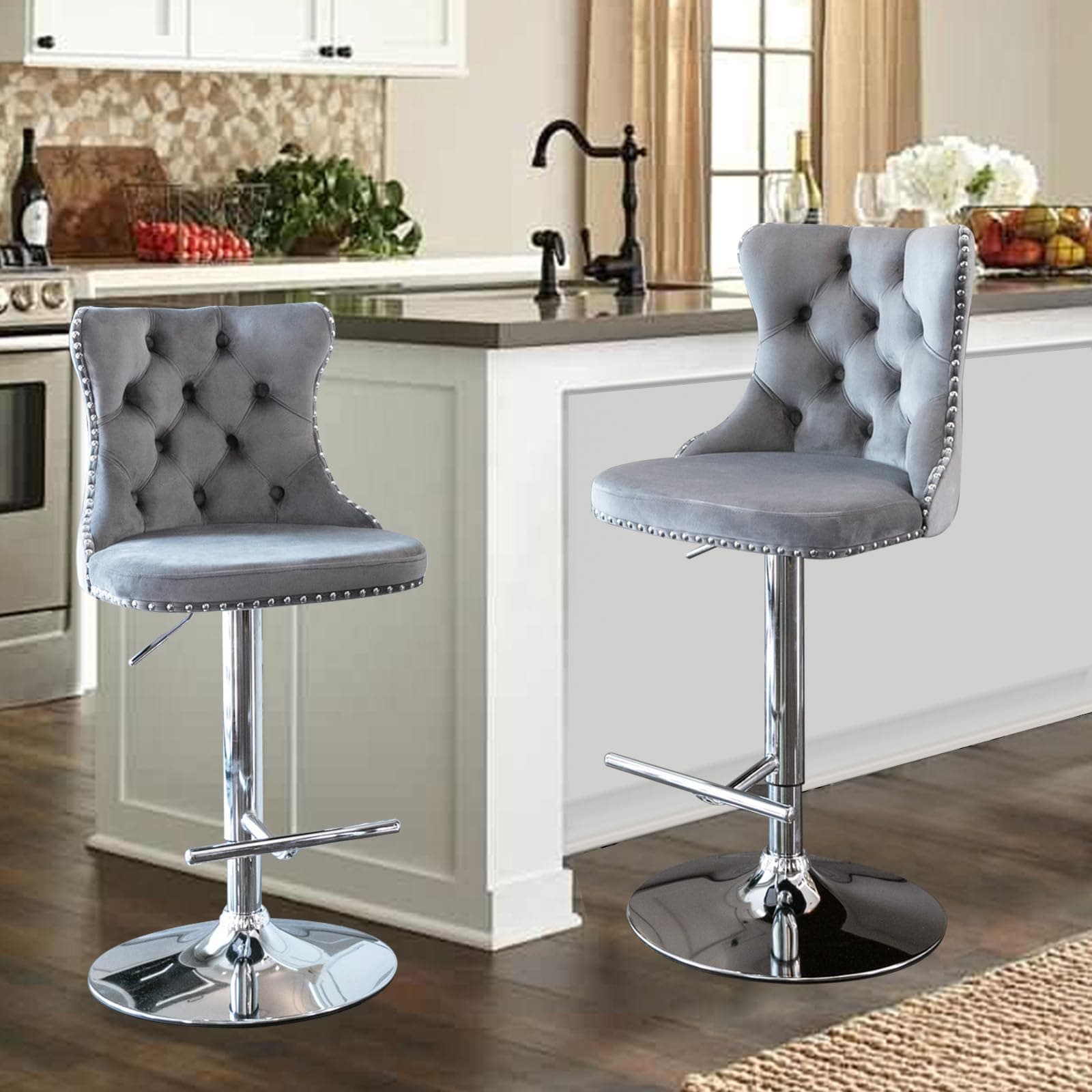 SoarTalent 33’’ Velvet Swivel Bar Stools Set of 2 Kitchen Counter Adjustable Height Upholstered Barstools with Silver Leg and Back for Kitchen Island, Bar, Dining Room(Grey-Silver Leg,Set of 2)