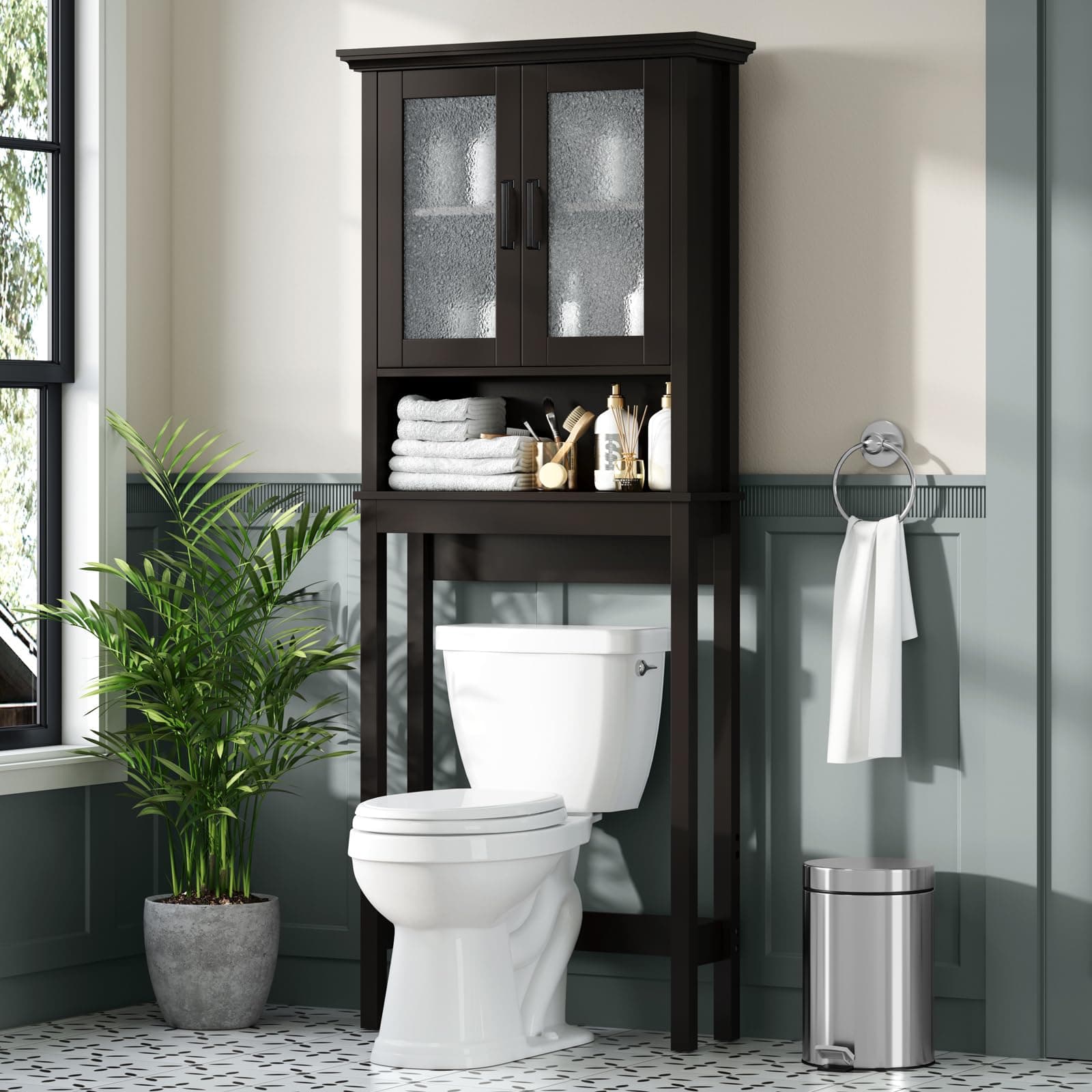 Baztin Over The Toilet Storage Cabinet, Over Toilet Bathroom Organizer with Glass Doors and Adjustable Shelf, Thicken Frame above Toilet Storage Cabinet Behind Toilet Bathroom Organizer, Espresso