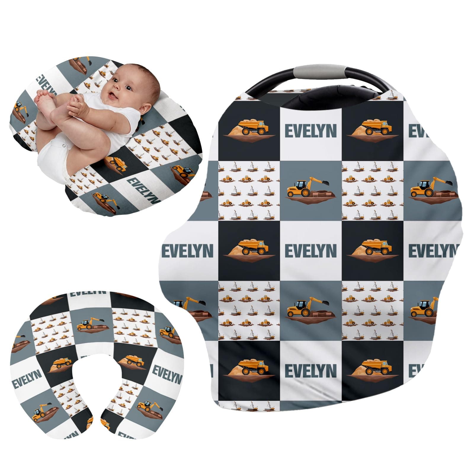 Personalised Infant Car Seat for New Parents - Baby Carseat Cover, Breast Feeding Cover, Multi-Function pad for Boys Girls Toddlers - Christmas Gift for Parent Babies Grey Excavator Print (27"x29")