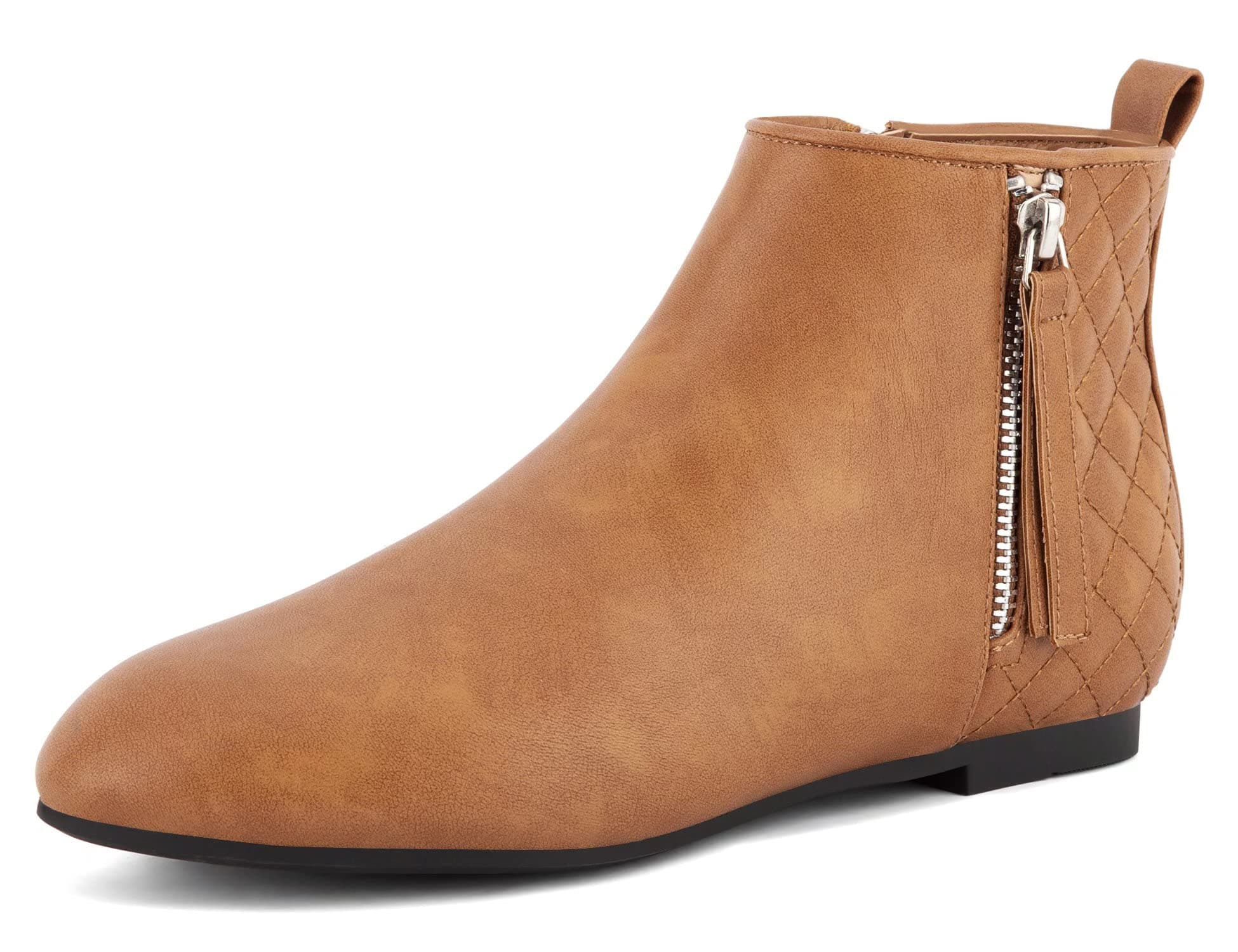 MaxMuxun Women Shoes Casual Classic Zip Up Plaid Ankle Boots Camel PU Flat Round Toe Walking Boots Work Bootie 8 UK