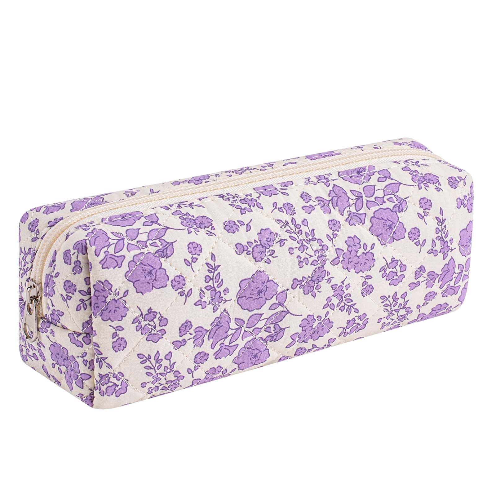 HHQQWZ Cute Floral Cotton Makeup Brush Cosmetic Bag for Women, Travel Quilted Zipper Make Up Bag, Flowers Toiletry Organizer Case Kawaii Makeup Cosmetic Travel Cloth Pouch, 18 Big Purple Floral, 210mm