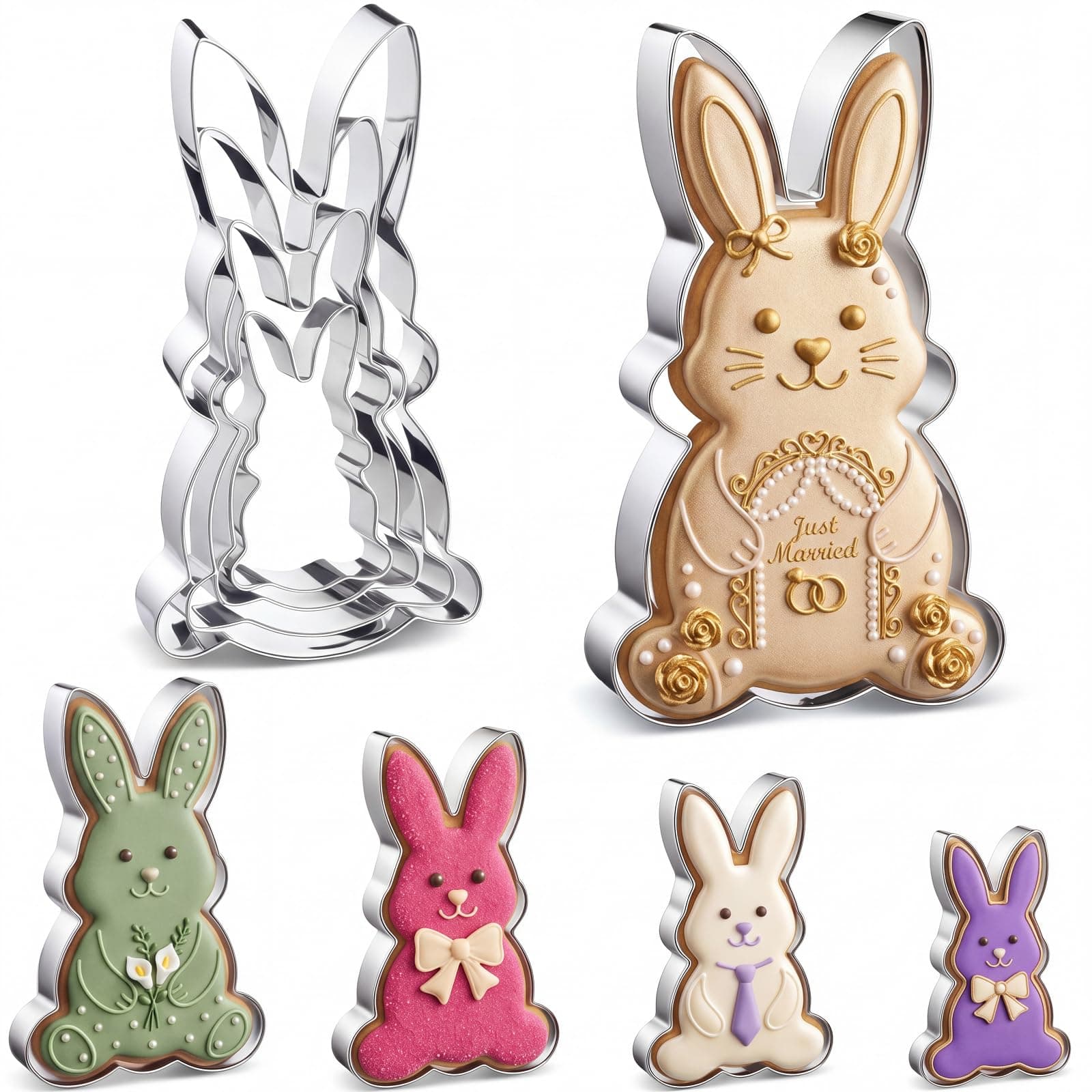Qinyoung 4 Pcs Easter Bunny Cookie Cutter Set- 5", 4", 3", 2" Large Stainless Steel Rabbit Cookie Cutter Fondant Biscuit Cooking Utensils for Baking for Easter Baby Shower Gender Reveal Birthday
