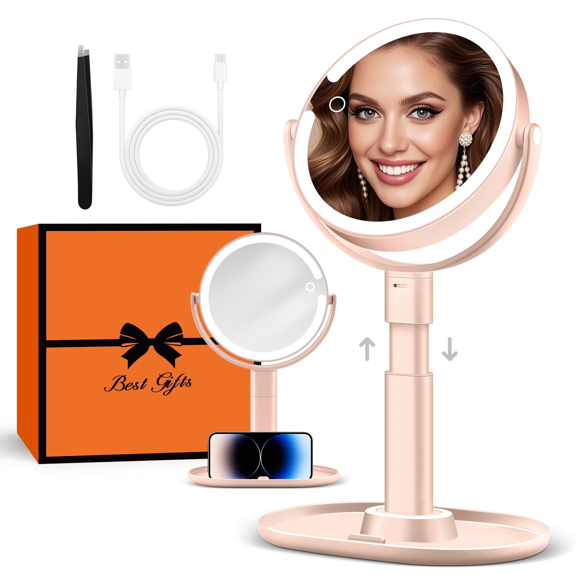 B Beauty Planet Makeup Mirror with Lights, Lighted Magnifying Mirror 30X with 3 Lighting and Adjustable Brightness, 2-Sided Height Adjustable Vanity Mirror for Bathroom, Gifts for Women Pink