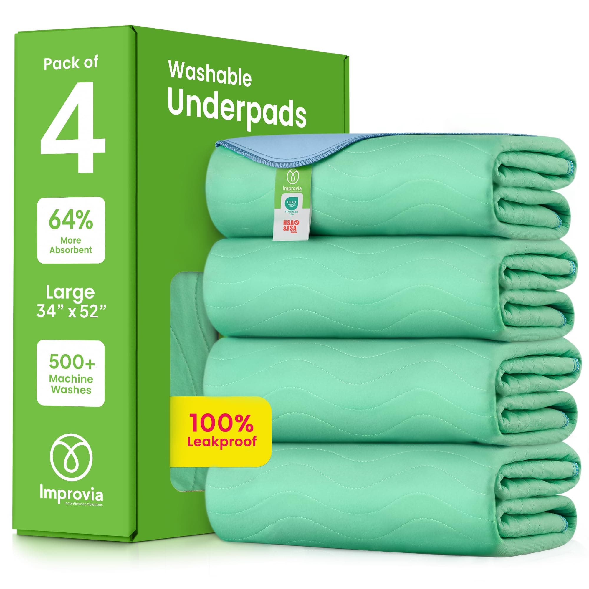 IMPROVIA® Washable Underpads, 34" x 52" (Pack of 4) - Heavy Absorbency Reusable Bedwetting Incontinence Pads for Kids, Adults, Elderly, and Pets Waterproof Protective Pad for Bed, Couch, Sofa, Floor