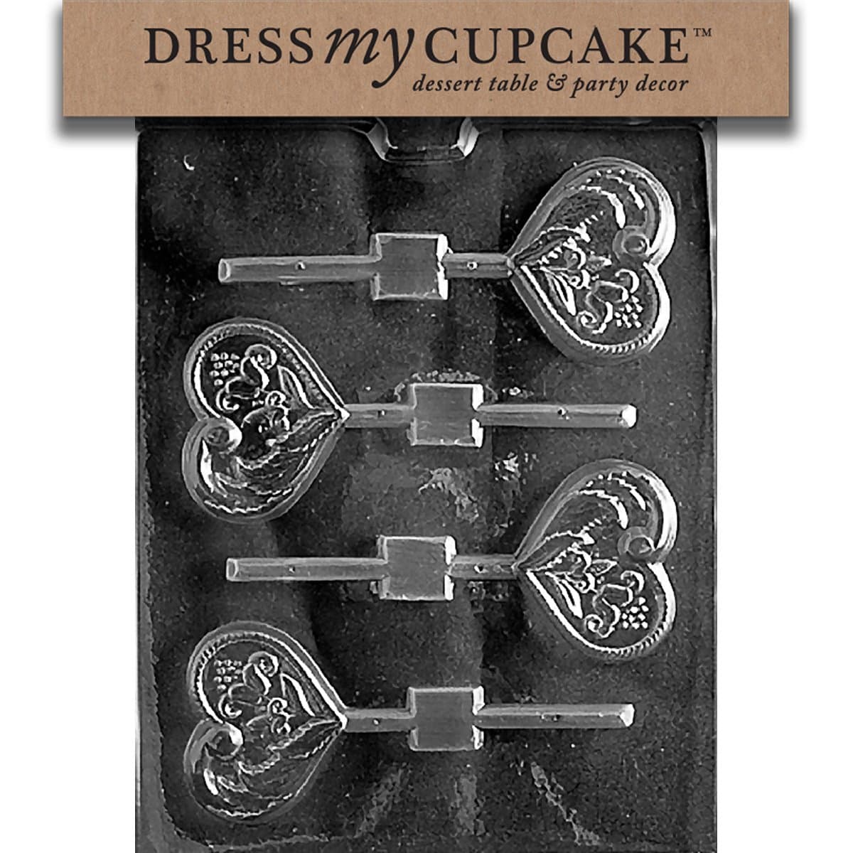 Dress My Cupcake DMCV076 Chocolate Candy Mold, Fancy Heart Lollipop, Valentine's Day