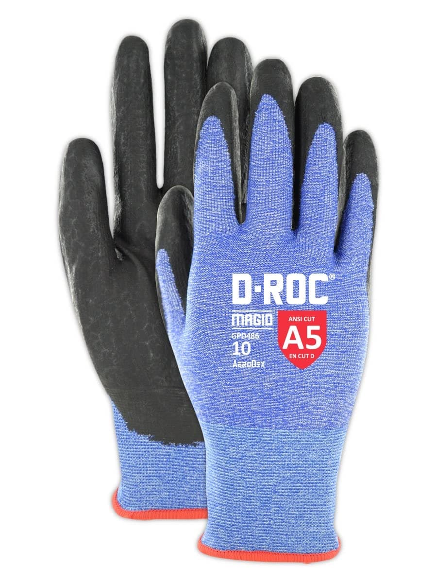 MAGID ANSI A5 D-ROC AeroDex 18-Gauge Work Gloves, 1 Pair, Foam Nitrile Coated, Size 8/Medium, Blue