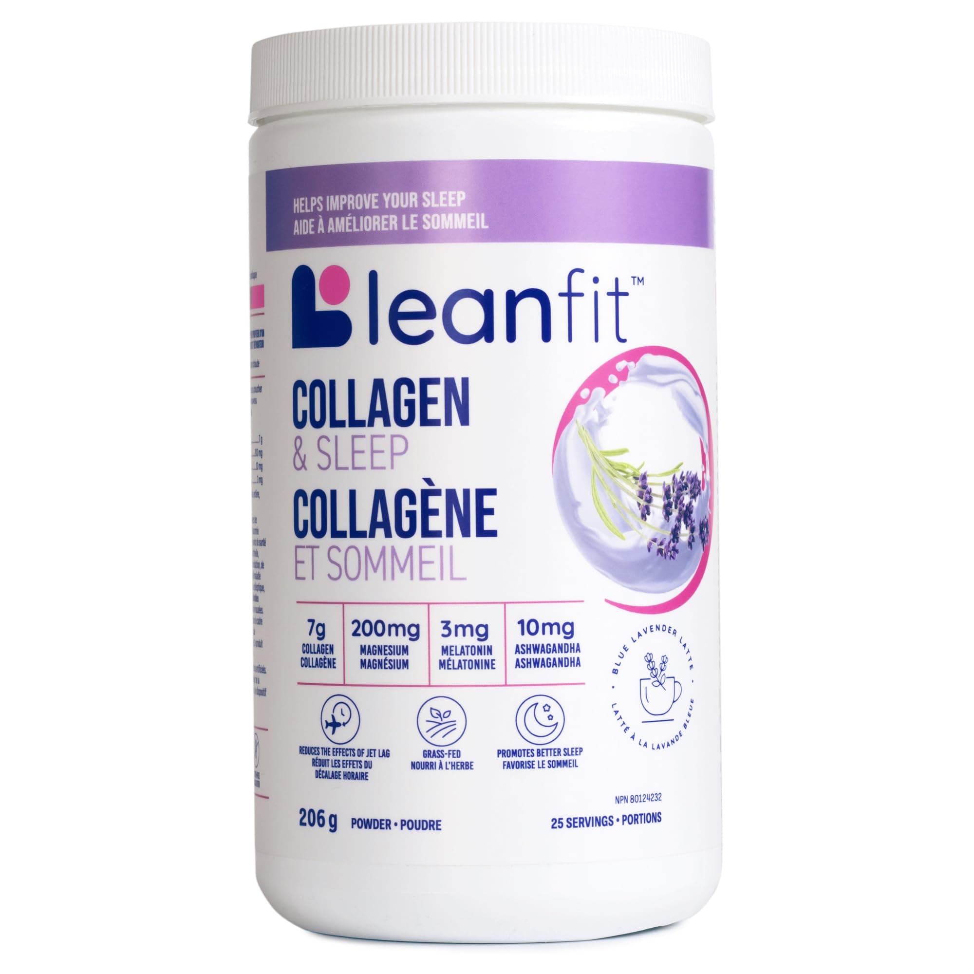 LEANFIT COLLAGEN & SLEEP™ Blue Lavender Latte - 7g Collagen + 200mg Magnesium + 3mg Melatonin + 10mg Ashwagandha - Improves Sleep & Reduces Effects of Jet Lag - 25 Servings, 206g Tub