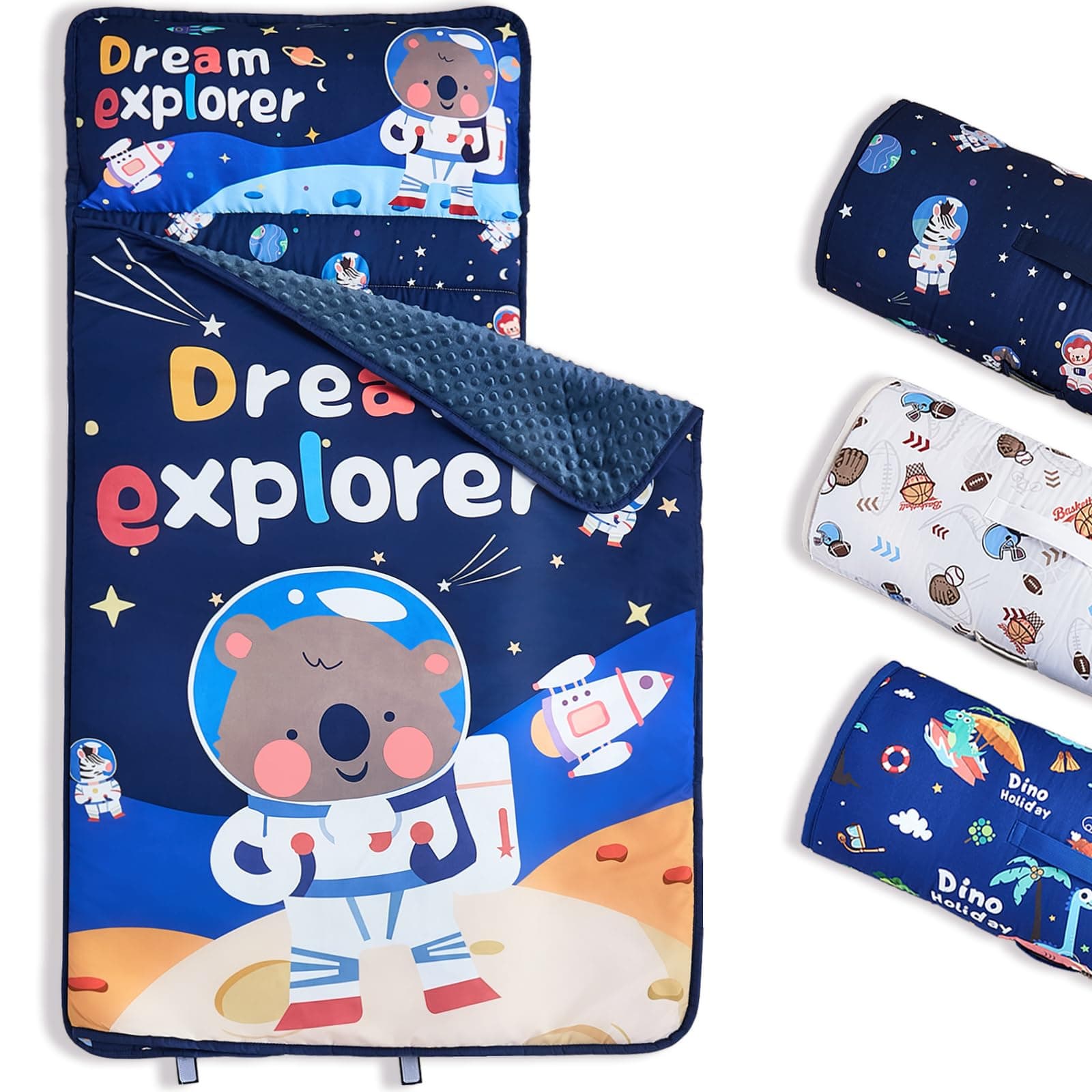 NacoMoco Toddler Nap Mat with Pillow and Blanket - Large Rolled & Ultra Soft Nap Mats for Daycare, Preschool, Kindergarten, Travel (Space Animal)