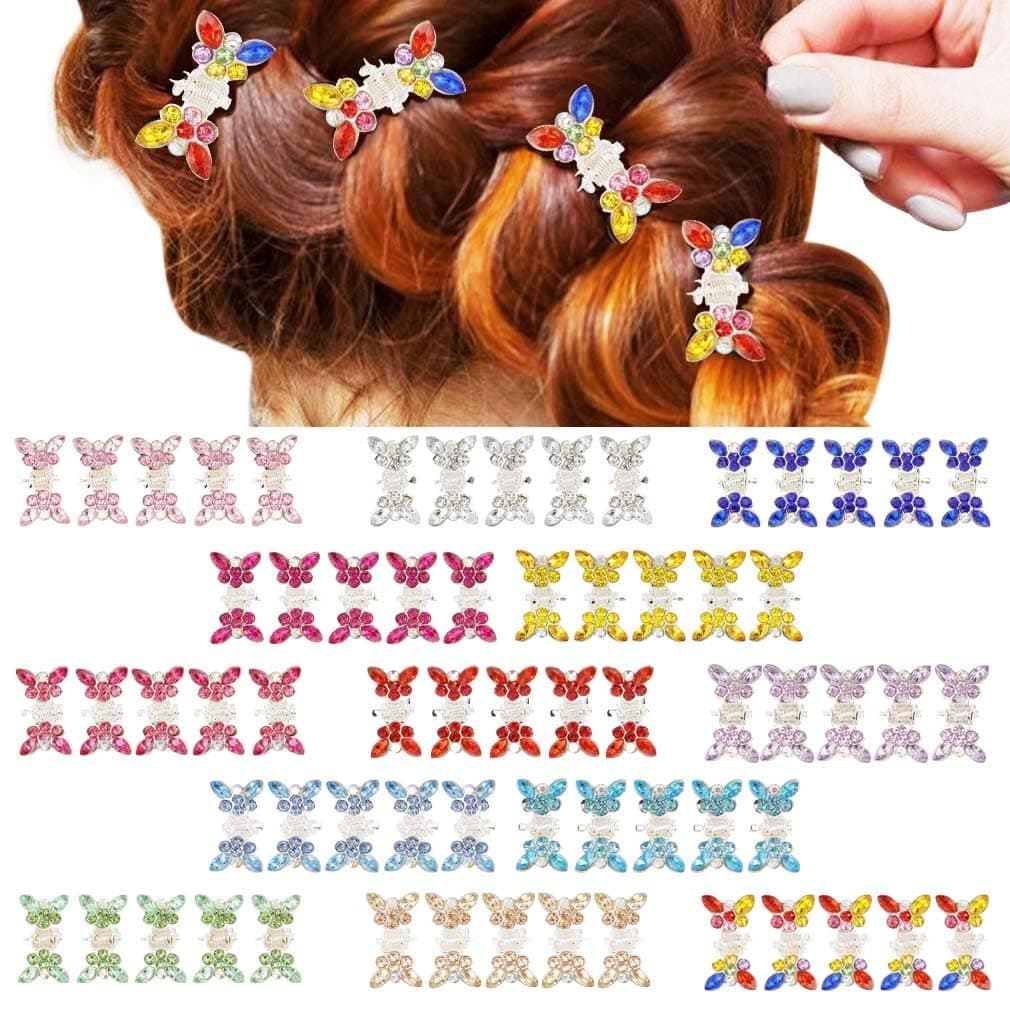 Mini Crystal Hair Accessories - Sparkly Rhinestone Hair Clips, Flower & Butterfly Designs, Tiny Metal Claw Clips for Jewelry