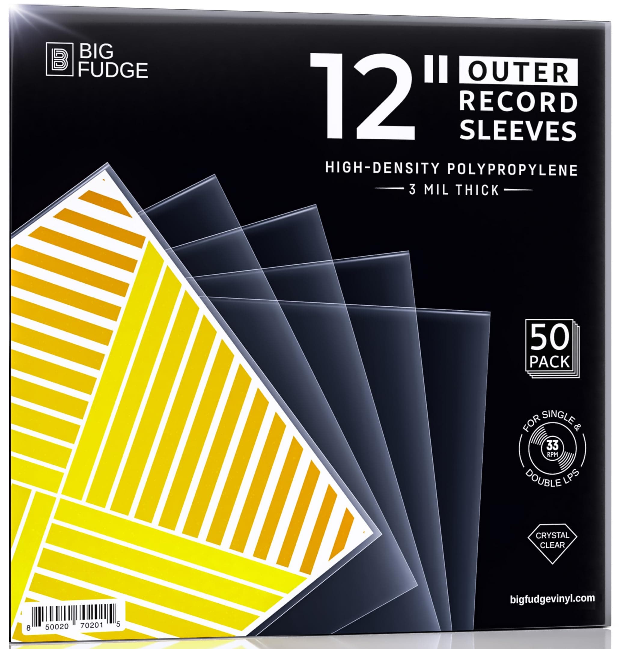 Big Fudge Vinyl Record Sleeves 50 x 12 LP - Durable & Wrinkle-Free Vinyl Outer Sleeves - Crystal Clear High-Density Polypropylene - 3 mil Thick, 12.75” x 12.75” - Fits Most Gatefolds, Double LPs