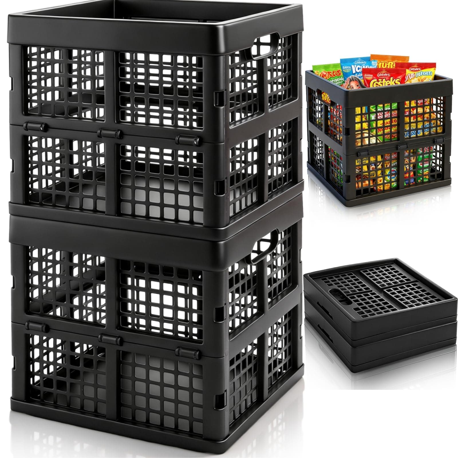 Goaste 2 Pack 18L Black Square Milk Crates, Collapsible Plastic Milk Storage Tote, Stackable Storage Bins with Easy-Grip Handles, Heavy Duty Versatile Box Organizers for Grocery Shopping, Garage, Home