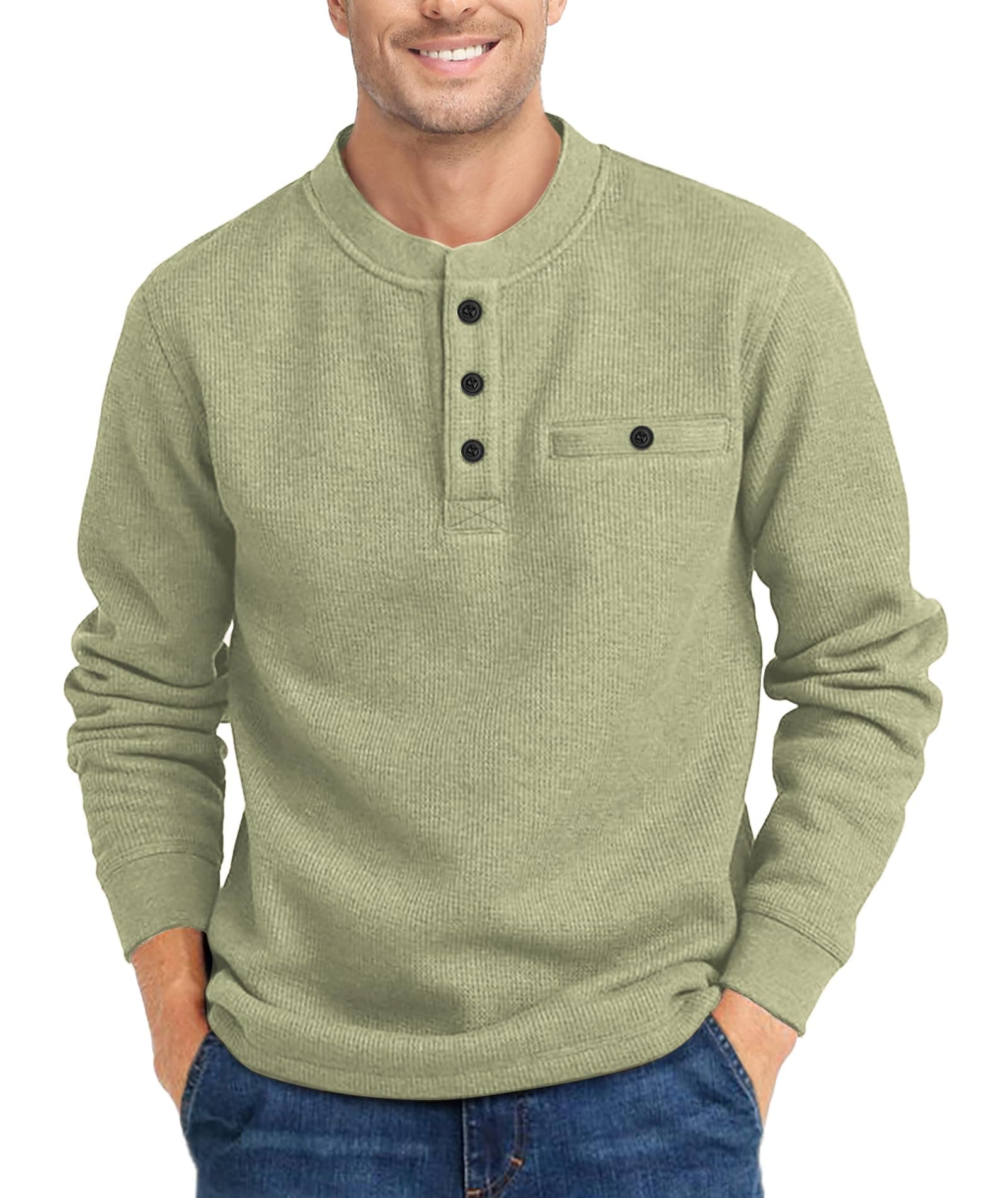 Elainone Henley - Camiseta de manga larga para hombre, diseño de gofre, informal, manga larga, con tres botones, con bolsillo, verde, L