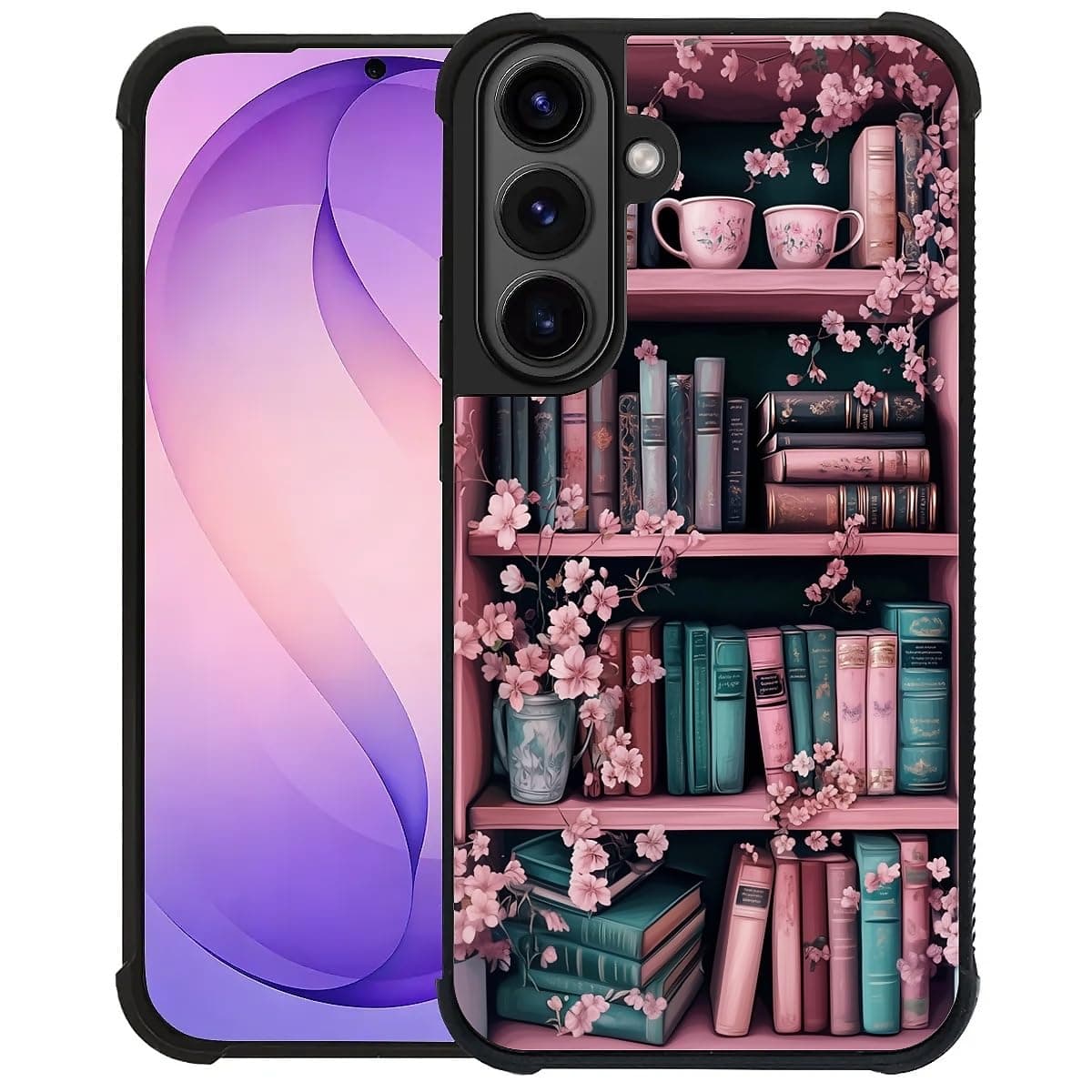 SKAMIX for Samsung Galaxy S26 Case,Soft Silicone Shockproof Bumper Camera Protection Phone Case-Pink Cherry Blossom Bookshelf