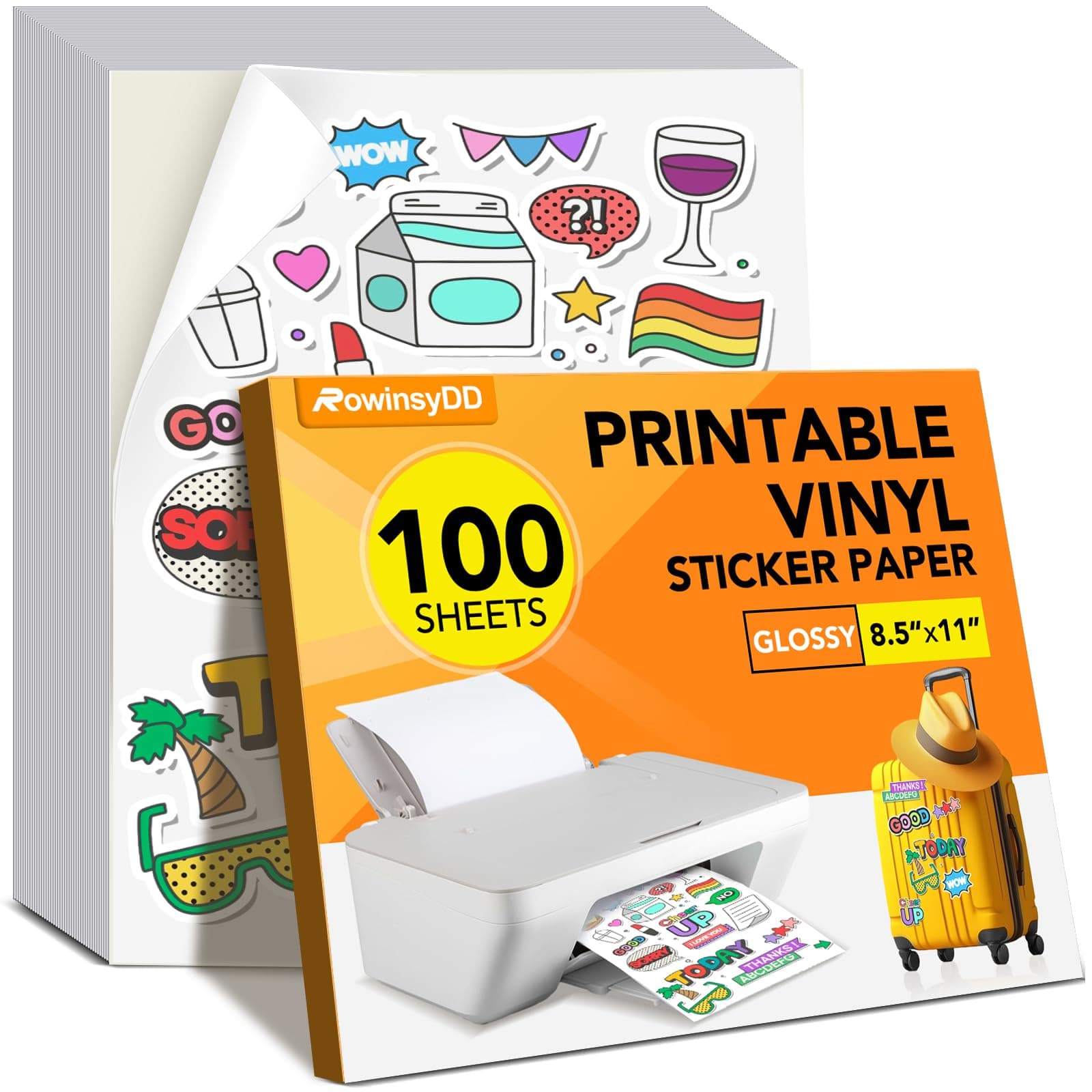RowinsyDD 100 PCS Vinyl Sticker Paper, Glossy Printable Sticker Paper