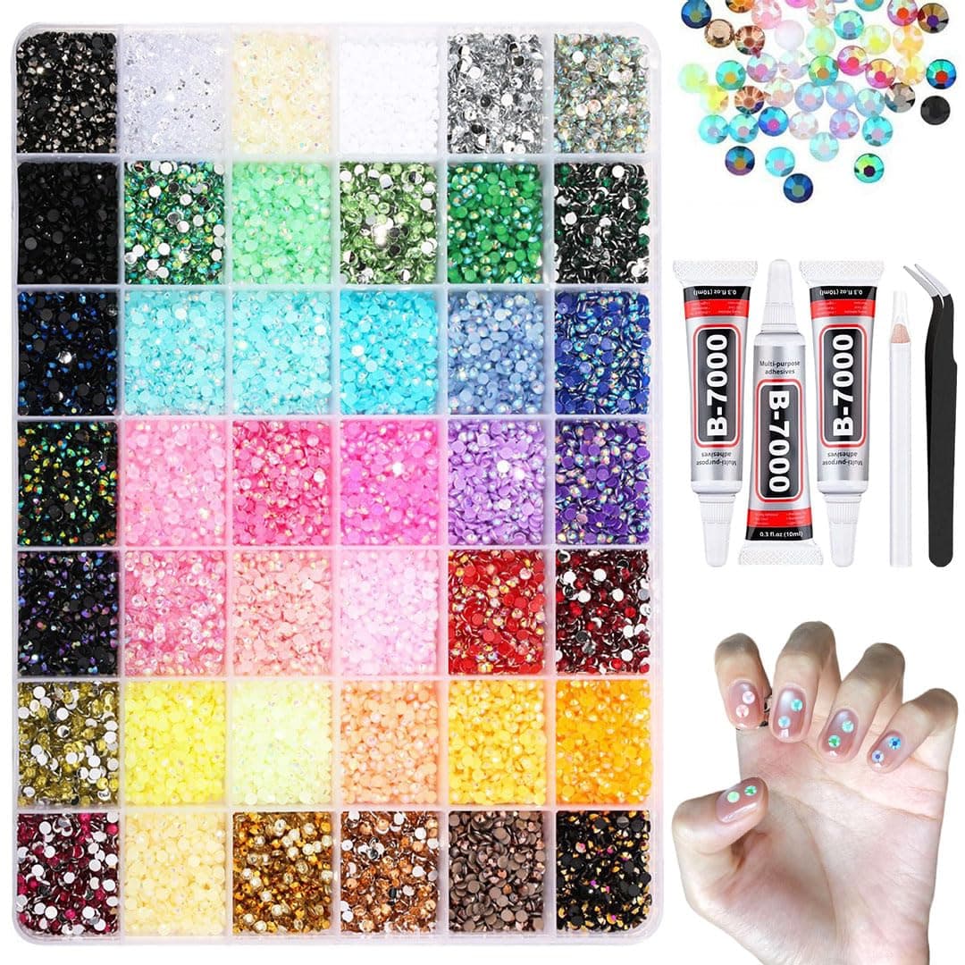 32000Pcs Jelly Resin Rhinestones for Bedazzling 3mm Multicolor Rhinestones Art AB Colored Flatback Gems with 3Pcs 10ml Jewelry Glue for DIY Crafts Nail Clothing Mugs Decor (42 Grids)