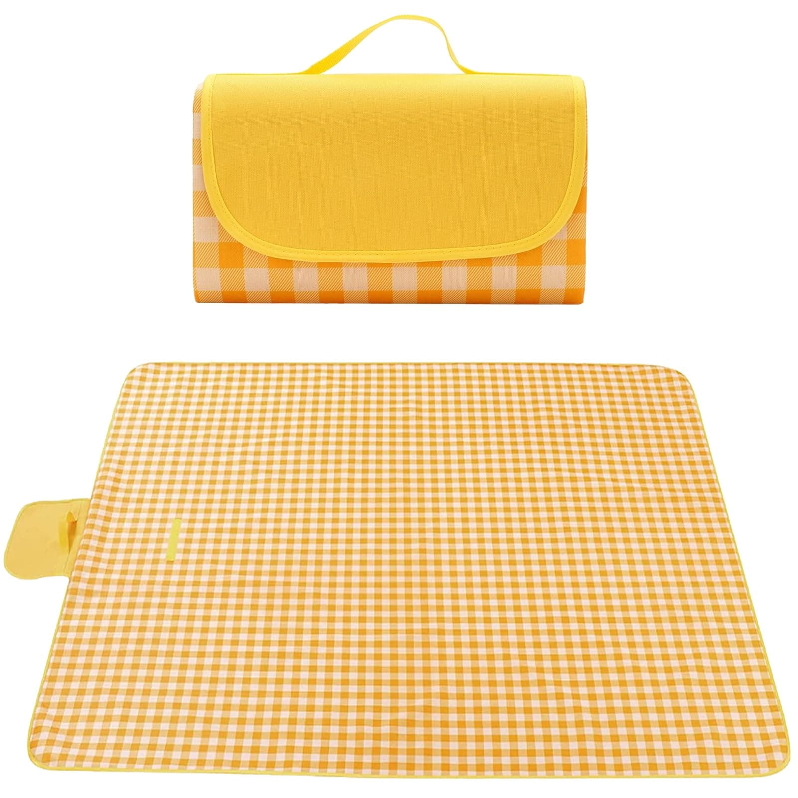 ADRIMER Picnic Blanket 57" x 79", Outdoor Waterproof Picnic Mat, Portable Beach Blanket for Family, Beach, Park, Camping, Hiking, Yellow & White