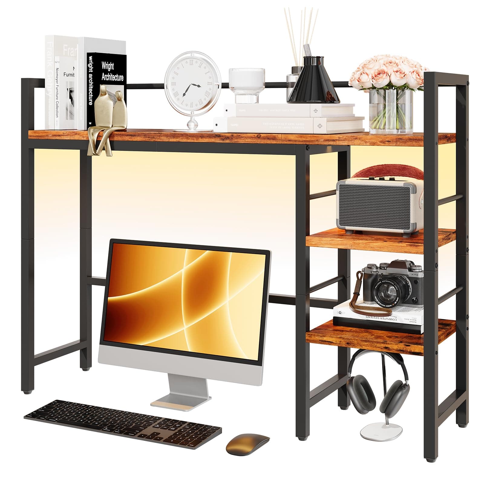 HavenlyYouth Desk Shelf with LED Light Strip, 3-Tier Storage Desktop Organizer Shelf, 38.6" Wood Desktop Bookshelf for Computer Monitor, Desk Hutch for Home Office Dorm, Rustic