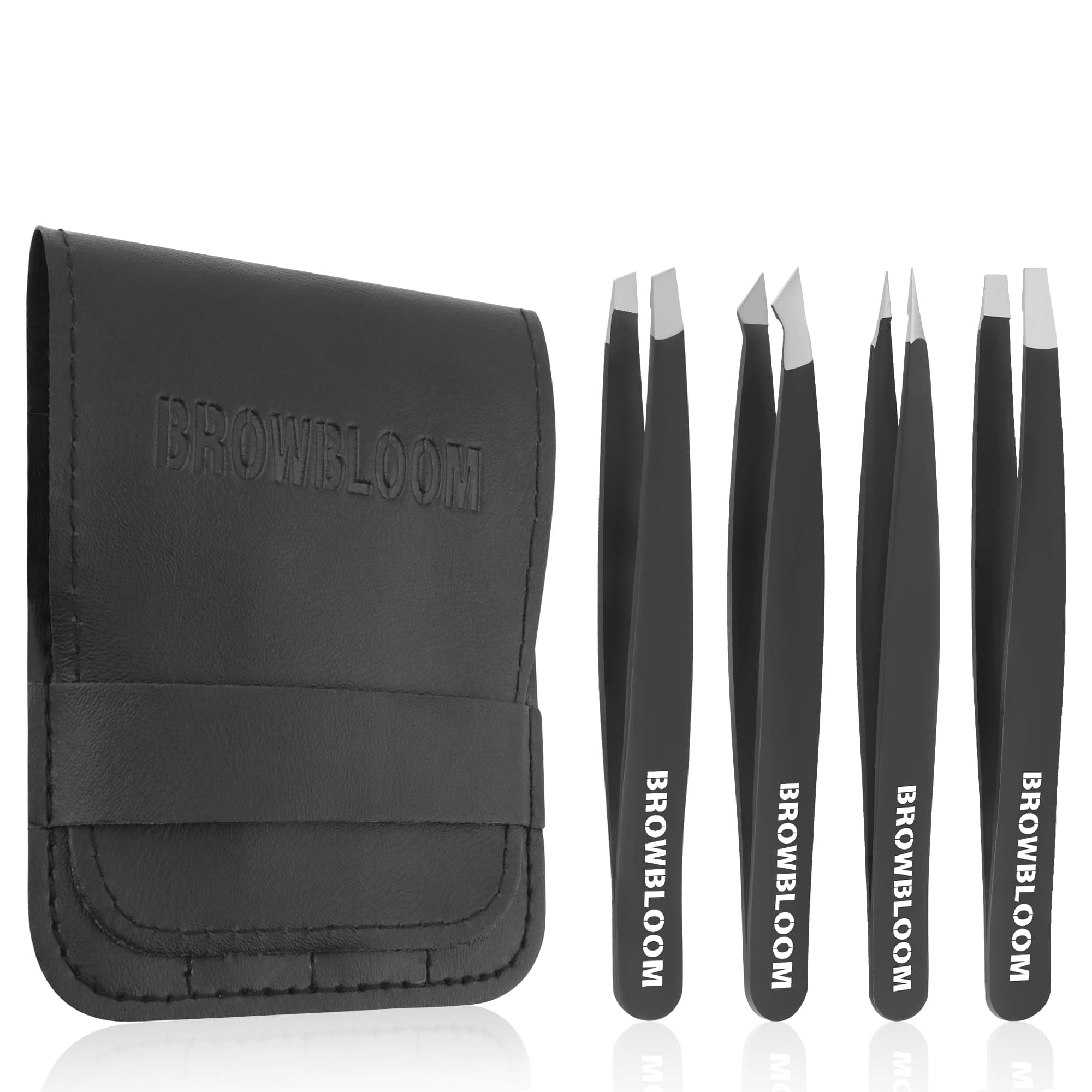 BROWBLOOM 4Piece Set of Professional Tweezers for Women Facial Hair, Black Stainless Steel Precision Tweezers for Ingrown Hair, Eyebrow Tweezers for Men Comes in Carrying Pouch (Black Set)
