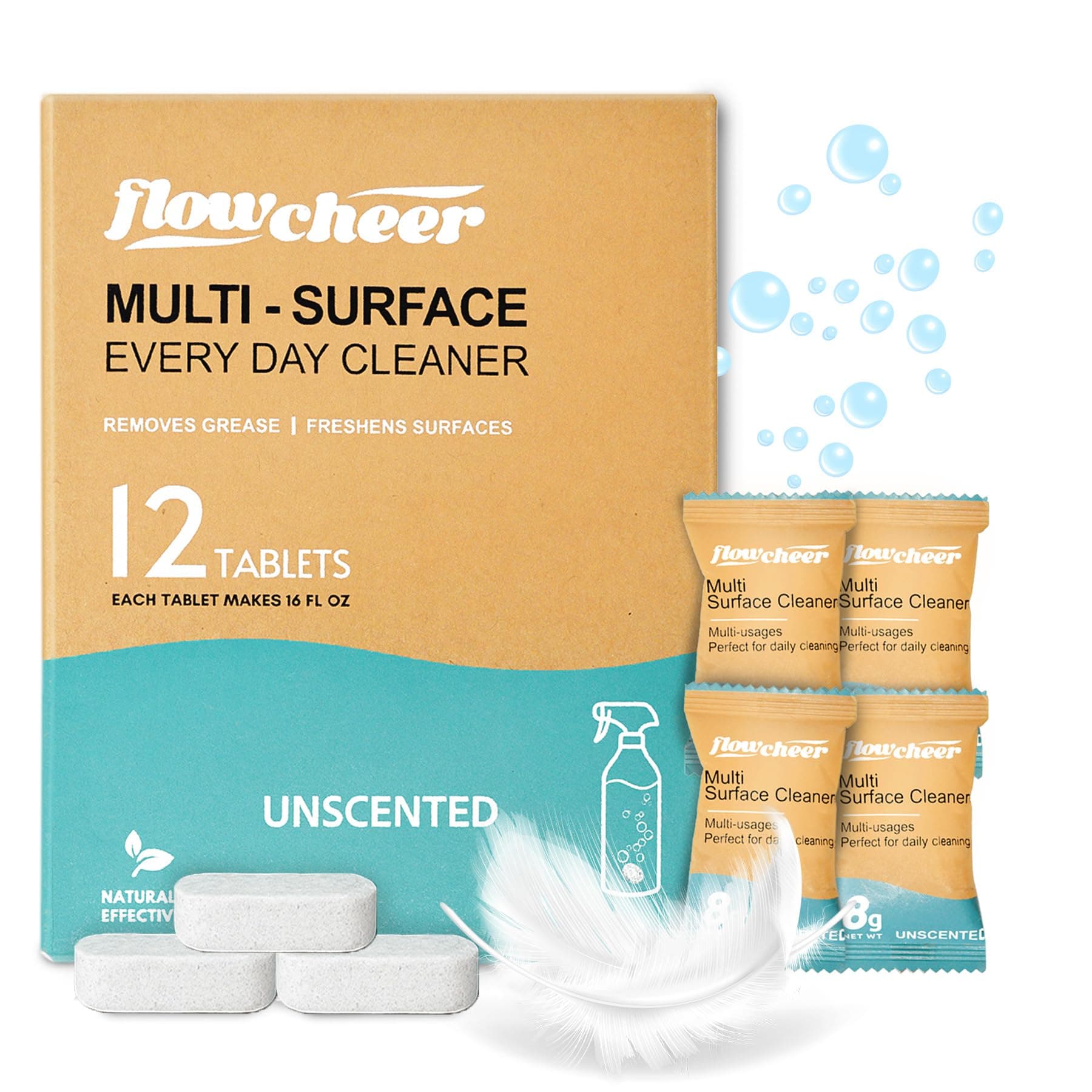 flowcheer Free & Clear All Purpose Cleaner Refills – Non-Toxic Multi-Surface Cleaning Tablets (12 Pack) Makes 192 Fl Oz Spray Cleaner for Home & Kitchen – Unscented