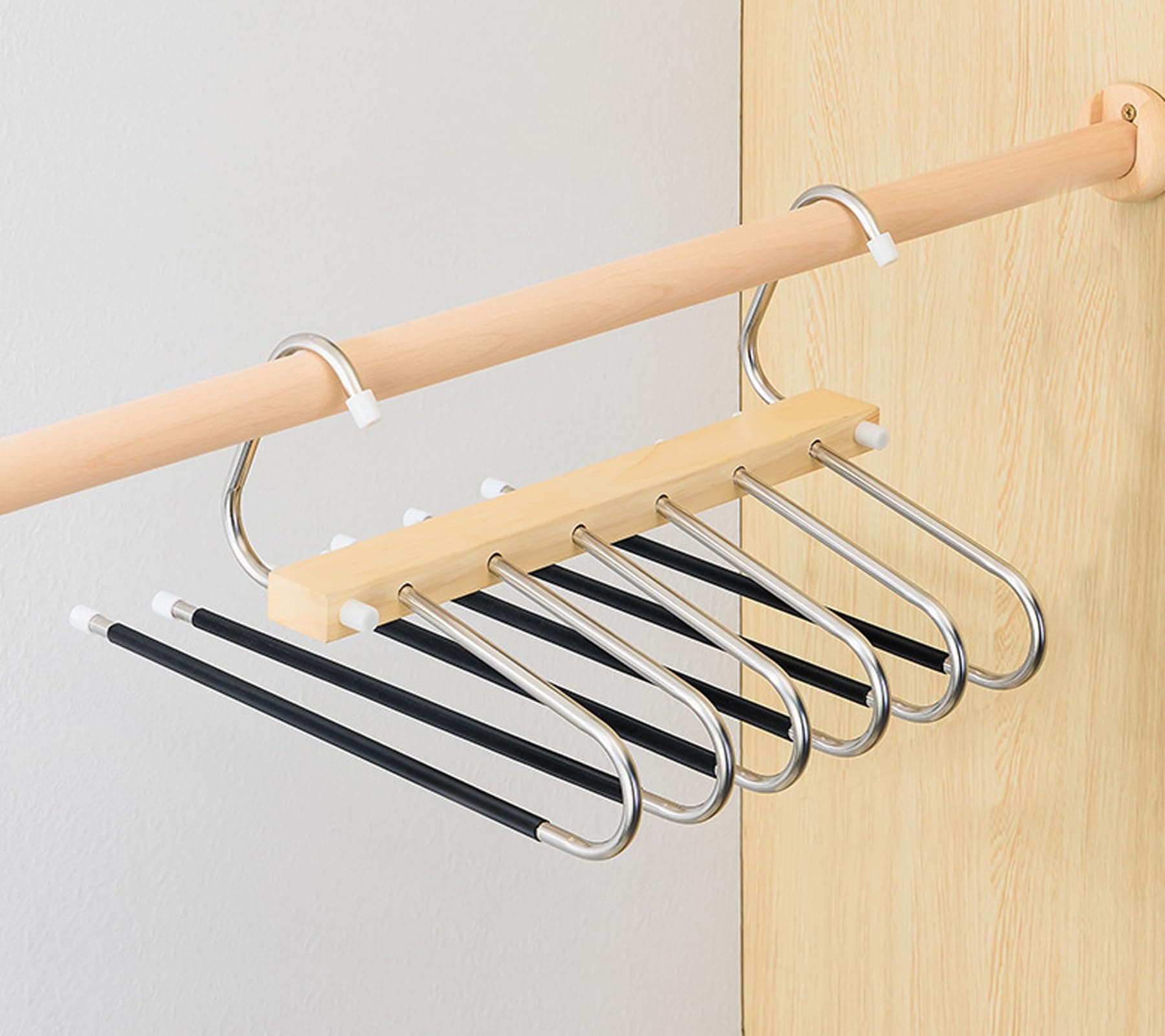Upgraded Stainless Steel Thickened Magic Pants Hangers - 6 Tier Space Saving Multifunctional Non-Slip Foldable Closet Organizer for Pants, Jeans, Skirts, Scarves (Natural (Solid Wood), 1 Pack)