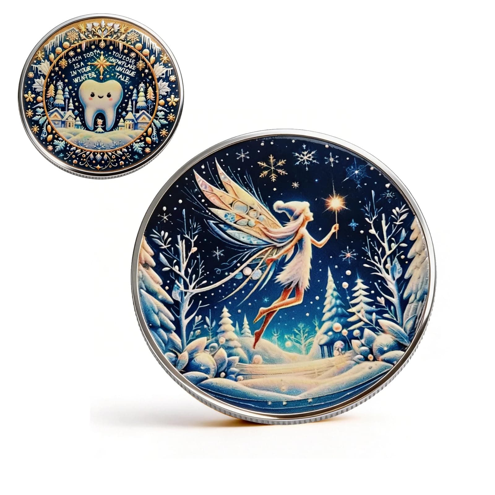 Tooth Fairy Coins for Girls, Lucky Coin Gift for Children with Tooth Loss, Blue Enamel Toothfairy Gifts for Kids(Silver Rim)