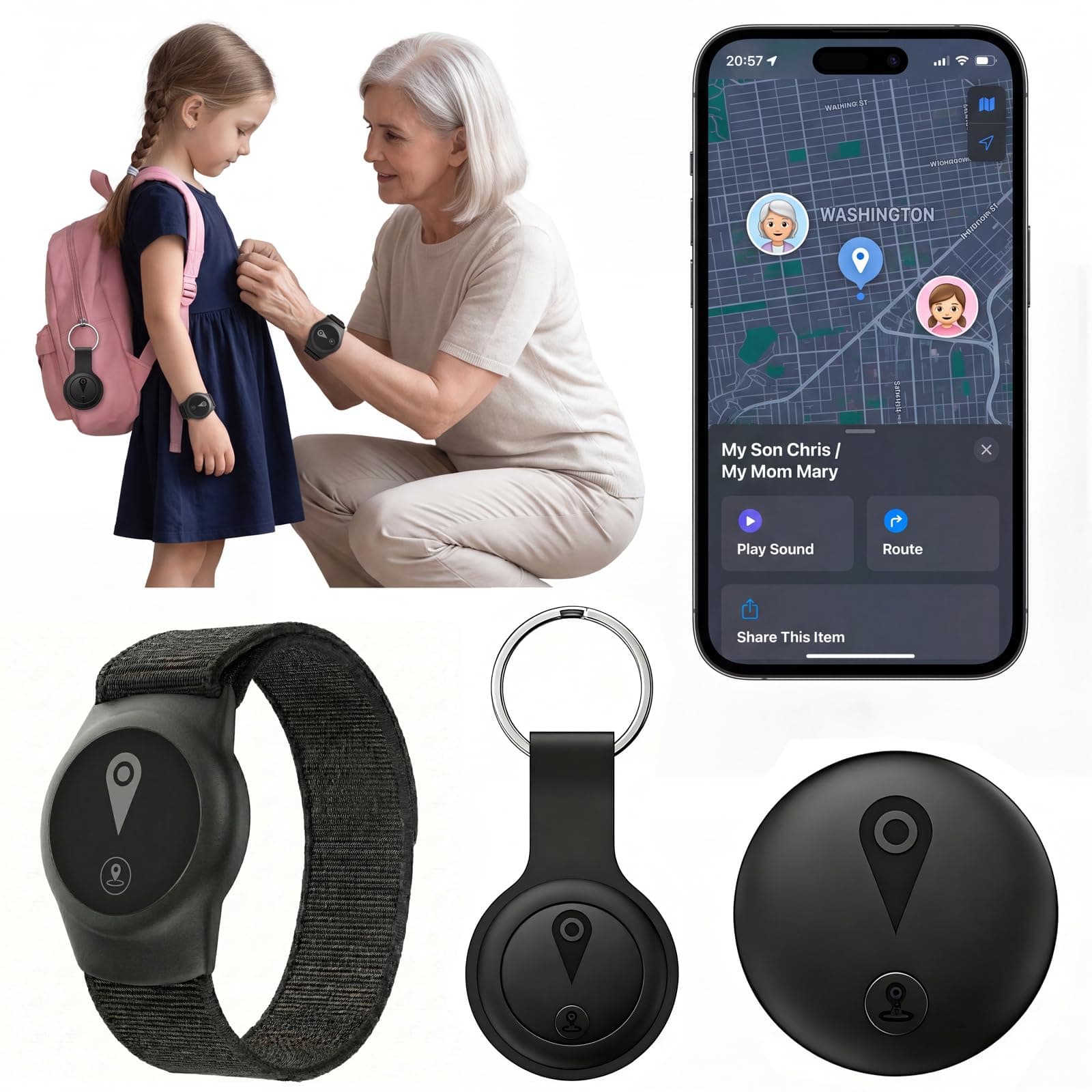 GPS Tracker for Kids, Teen, Elderly, 2-in-1 Wristband & Keychain Design (iOS Only), No Monthly Fee/No SIM Card, Wearable Locator Works with Apple Find My, Waterproof, Long Standby, 1PCS