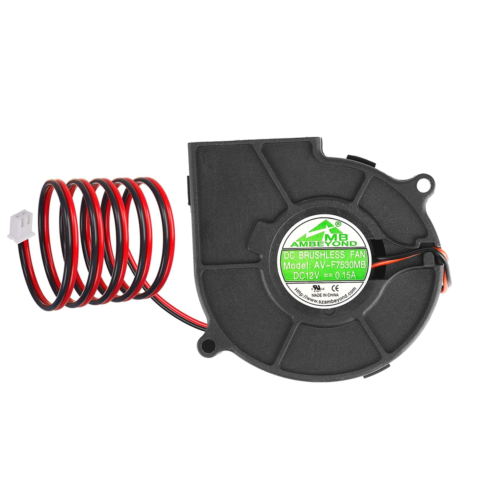 75mm x 30mm 7530 12V DC Blower Fan with 2 Pin Plug, Dual Ball Bearing Brushless Cooling System, AV-F7530MB