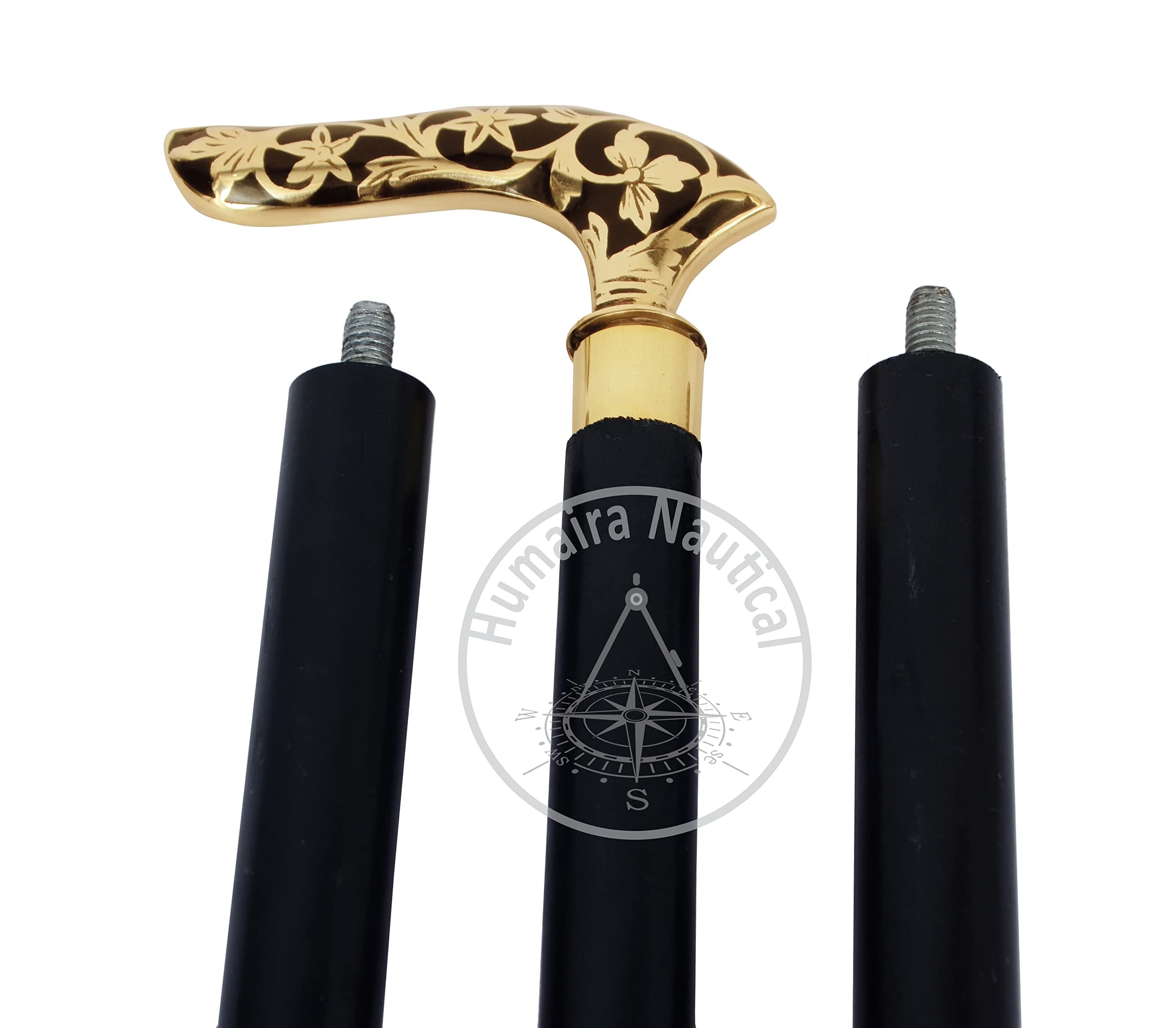Humaira Nautical Victorian Brass Walking Stick Cane Brass Handle with Black Wooden Cane (3 Fold Wooden Walking Cane),36 Inch