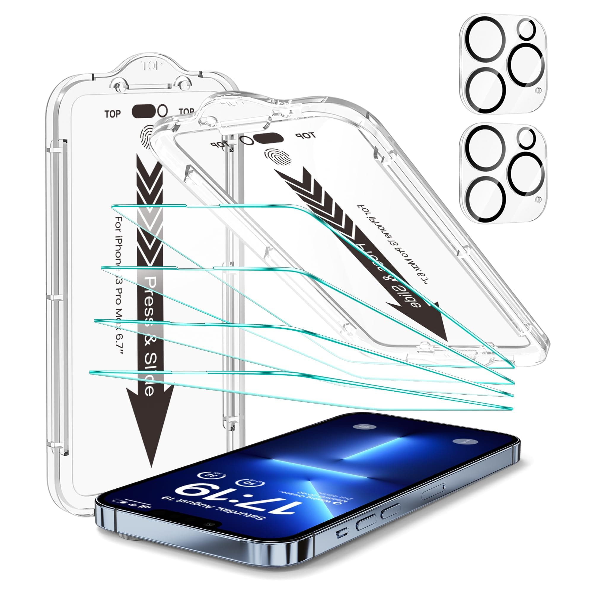 EZ-GLAZ 4-Pack Screen Protector for iPhone 13 Pro Max 6.7 inch Transparent HD Clear with Flawless Fit Kit + 2-Pack Camera Lens Protector, 15-Second Bubble-Free Installation, 9H Hardness, 12FT Military