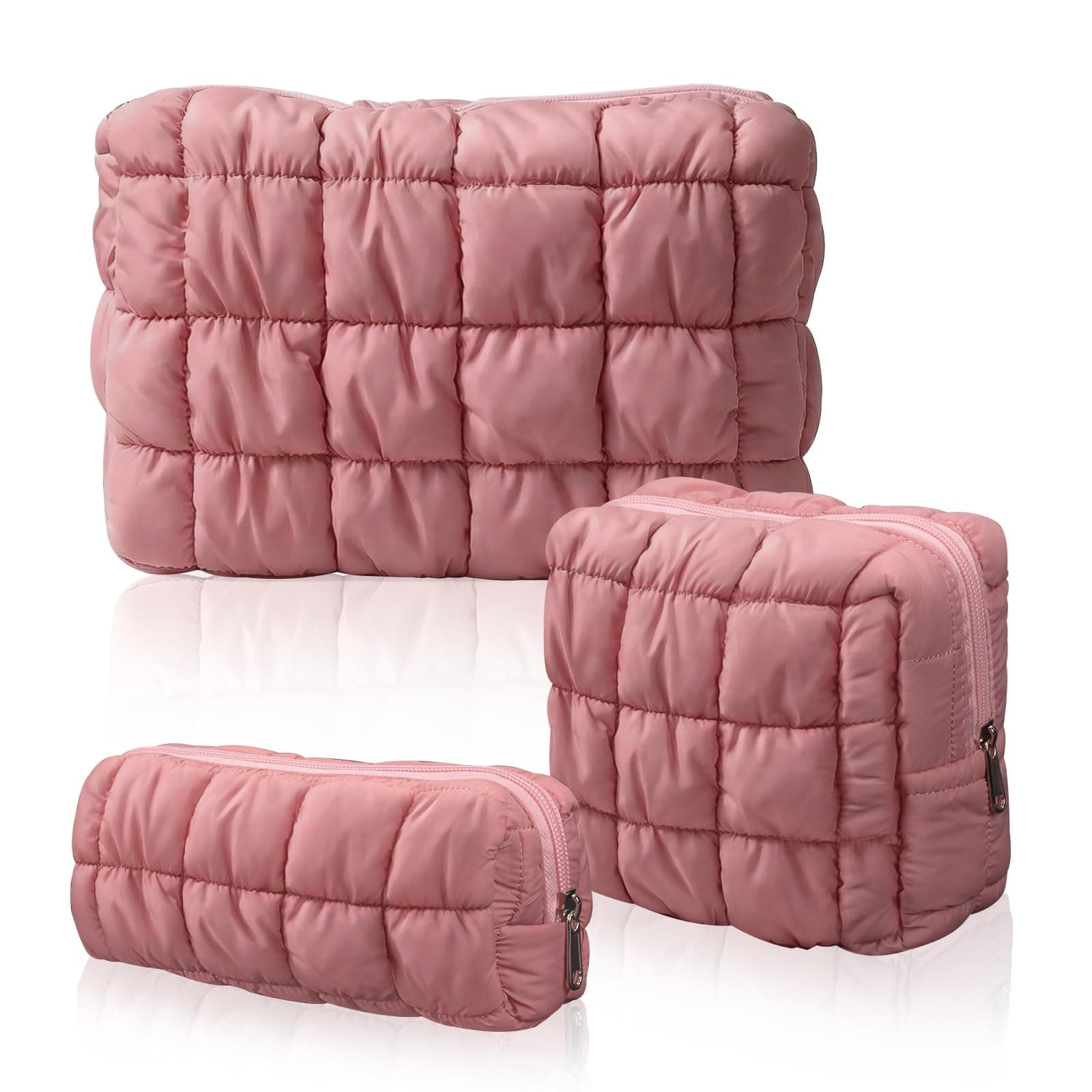 JZRTravel 3Pcs Makeup Bags Puffy Travel Toiletry Bag Set Large Cosmetic Pouch Make up Organizer Aesthetic Soft Storage Case Quilted Cotton Purse Travel Essentials Gifts for Women Girls, dark pink