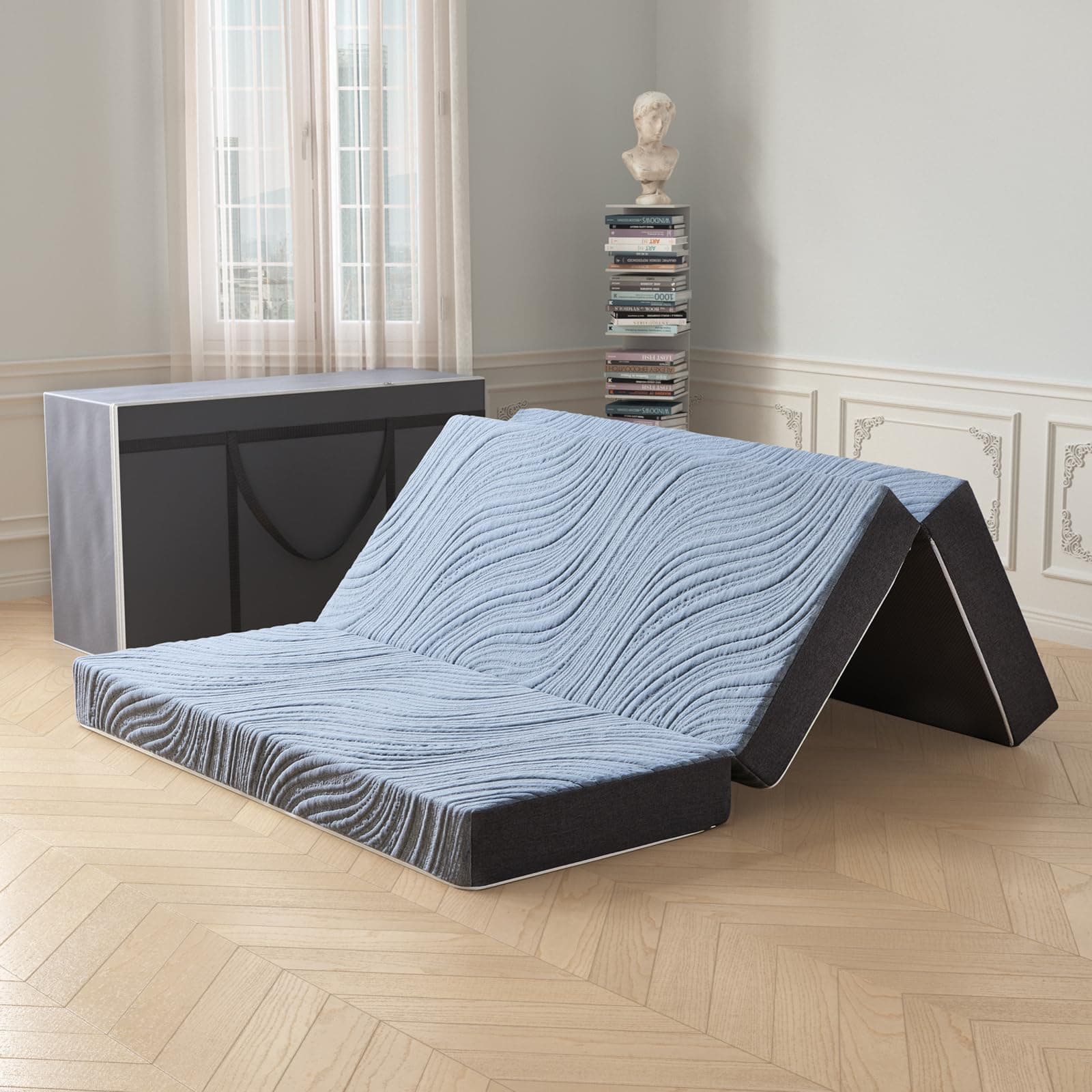 QueenSize 6 Inch Tri Fold Mattress Grey Cover with Storage Bag