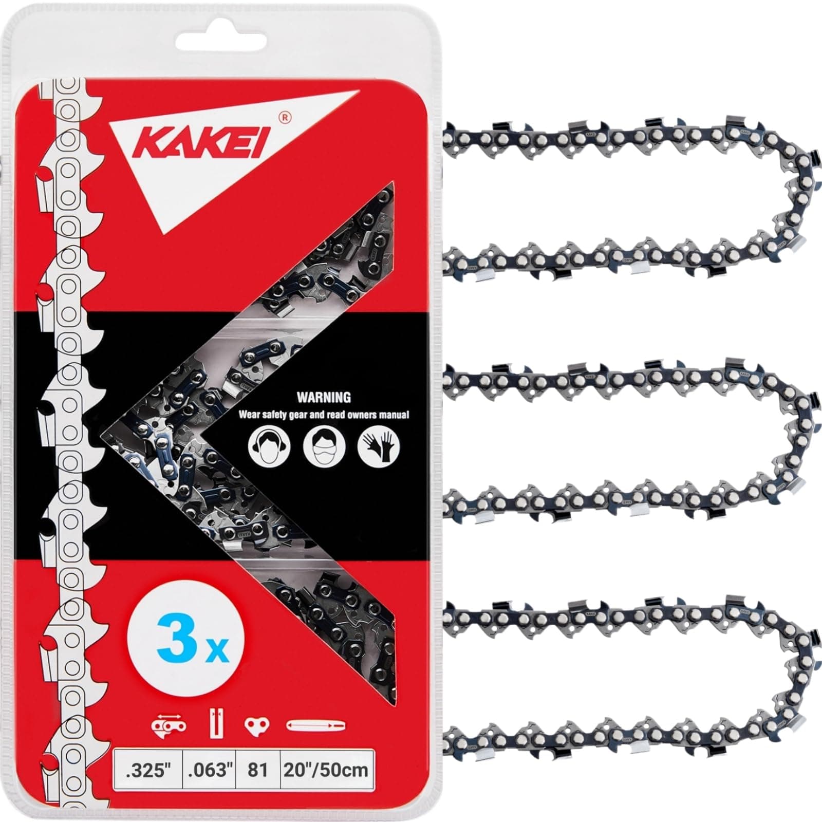 KAKEI 20-Inch Chainsaw Chain, .325" Pitch, .063" Gauge, 81 DL, 3-Pack