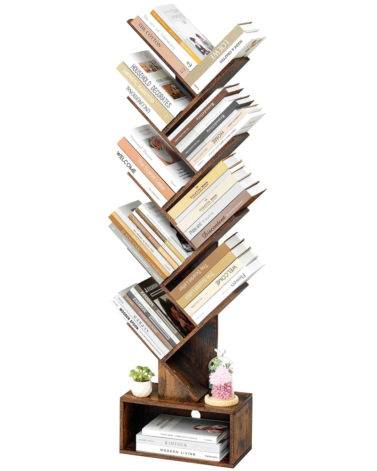 Hoctieon 9 Tier Tree Bookshelf, Tall Bookcase with Drawer, Wood Book Shelf, Modern Floor Standing Bookshelves, Book Organizer Shelves for Bedroom, Living Room, Home Office, Rustic Brown