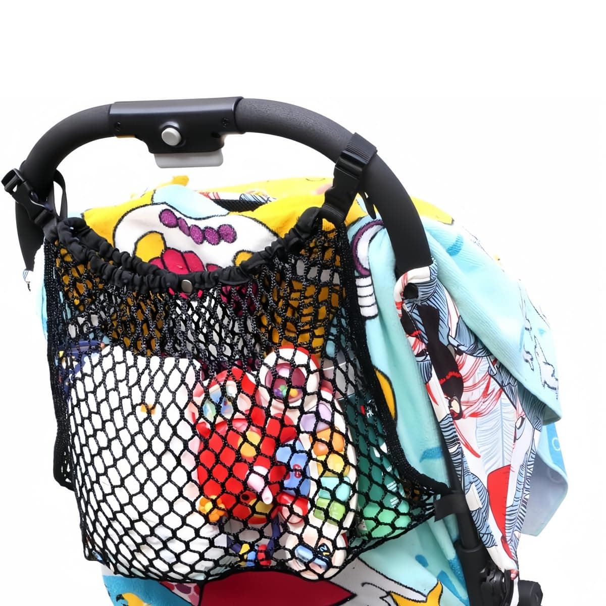 Ymeibe Stroller Organizer Mesh Bag Universal Fit Net Bag with Extra Large Storage Space, Toy Organizer for Stroller Accessories Carrying Diaper and Snacks (Black)