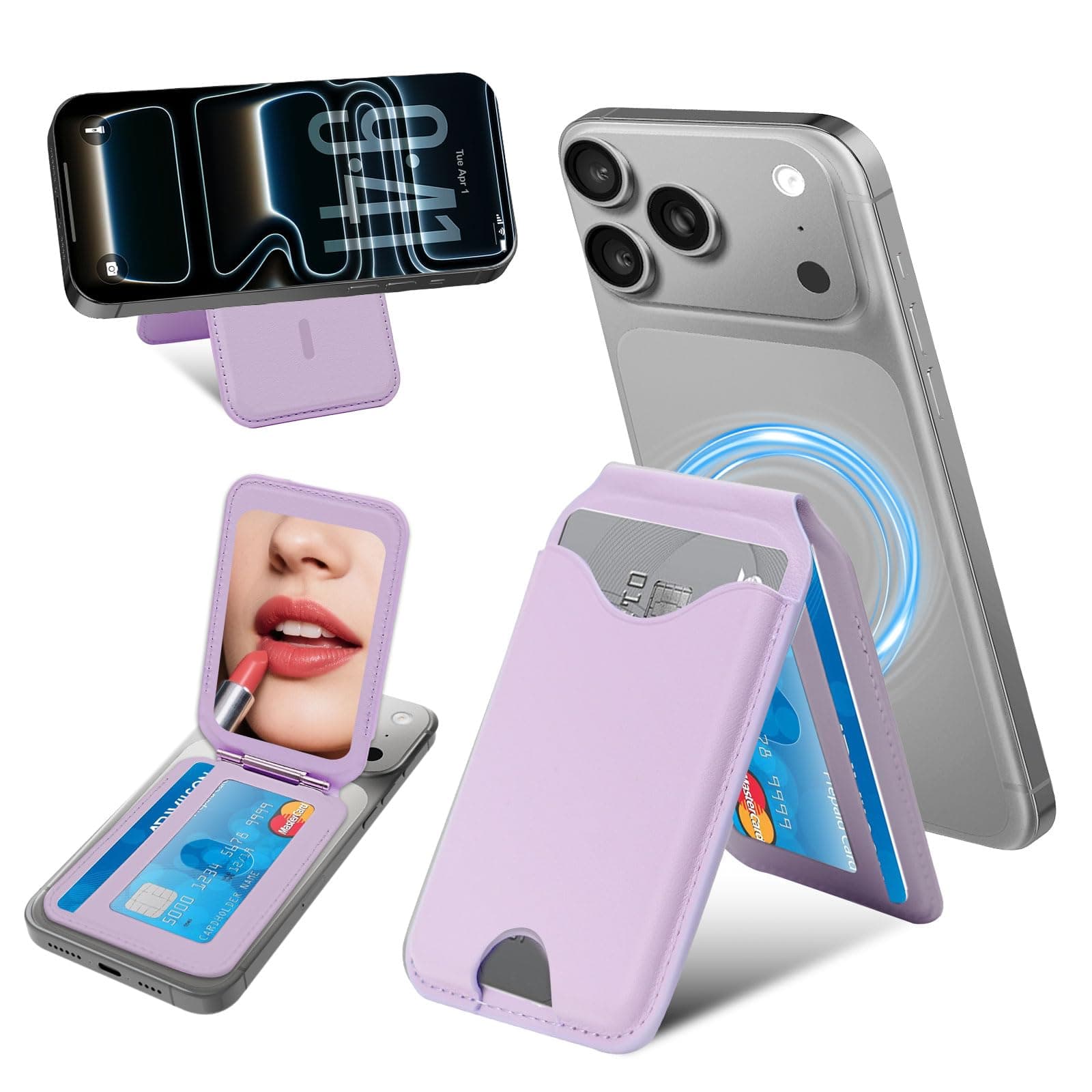 Upgraded for MagSafe Wallet with Makeup Mirror，Stronger Magnetic RFID Blocking Wallet for iPhone Air 17 16 15 14 13 12 Pro Max,4 Cards Holder with Adjustable Stand(Lavender) Visit the CORLAGOON Store