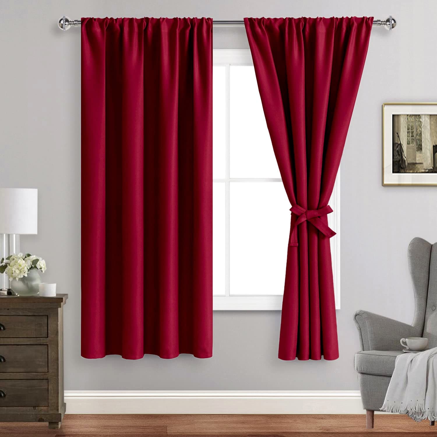 JIUZHEN Blackout Curtains for Bedroom - Thermal Insulated,Noise Reducing Room Darkening Privacy Rod Pocket Drapes for Living Room, Set of 2 Panels with Tiebacks, 42 x 63 inches Long, Red