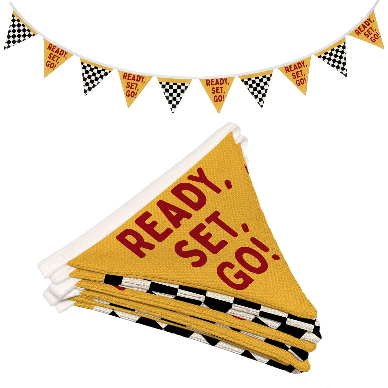 Wheatwin Race Car Room Decor for Boys Canvas Linen Garland Triangle Banners, Black and White Checkered Flag Banner 5.5Ft, Ready Set Go Racing Flags Bunting Flag for Baby Shower Birthday Party - Yellow