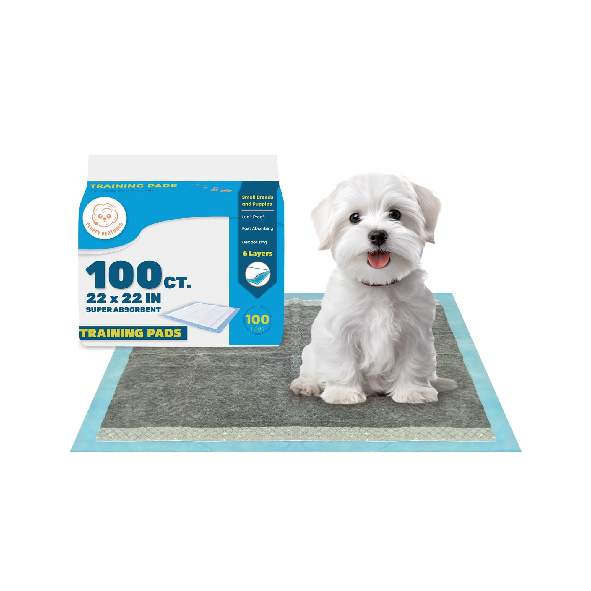 Fluffy Ventures Puppy Pads 22" x 22" - 100 Count Charcoal Dog Pee Pads, 6-Layer Leak-Proof Dog Training Pads with Odor Control, Quick Dry for Puppies, Dogs and Pets