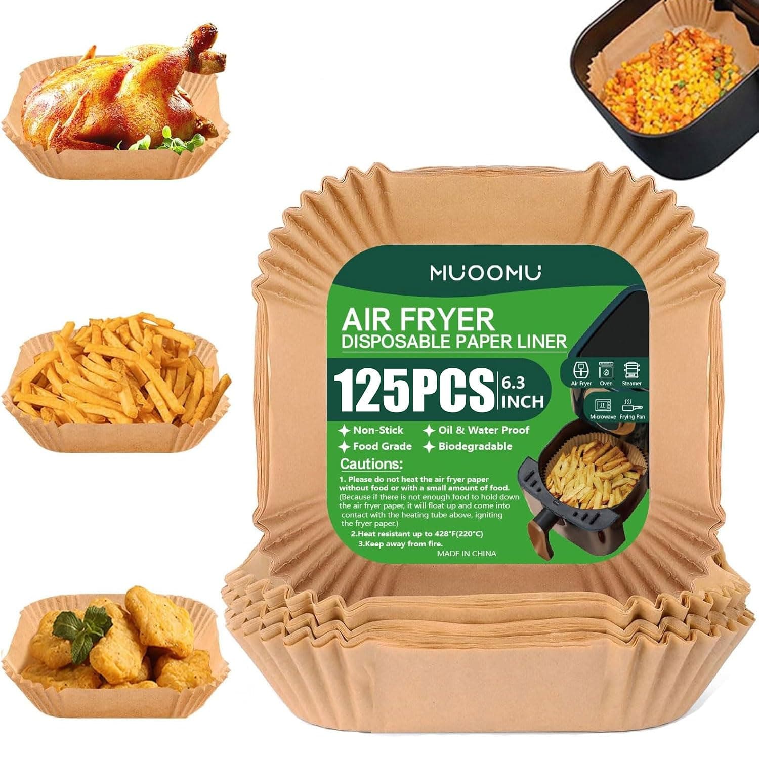 Air Fryer Disposable Paper Liners Square, Non-Stick Parchment, AirFryer Accessories for Baking Microwave Oven Frying Pan, Oil Proof, Water Proof (125PCS, 6.3inch)