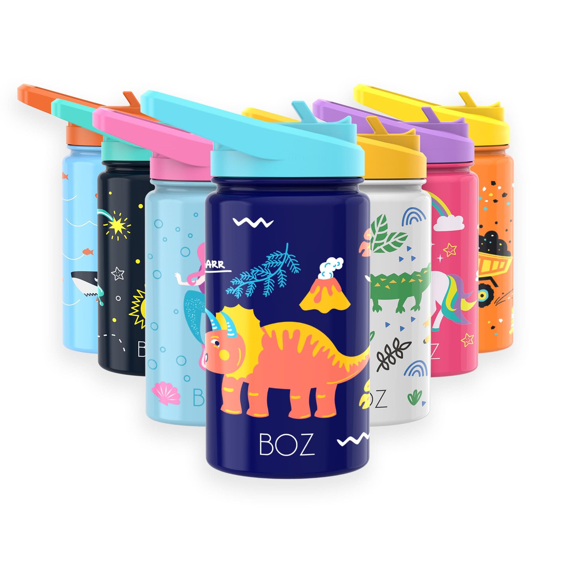 BOZ Kids Insulated Water Bottle with Straw Lid, 14oz (Dinosaur)