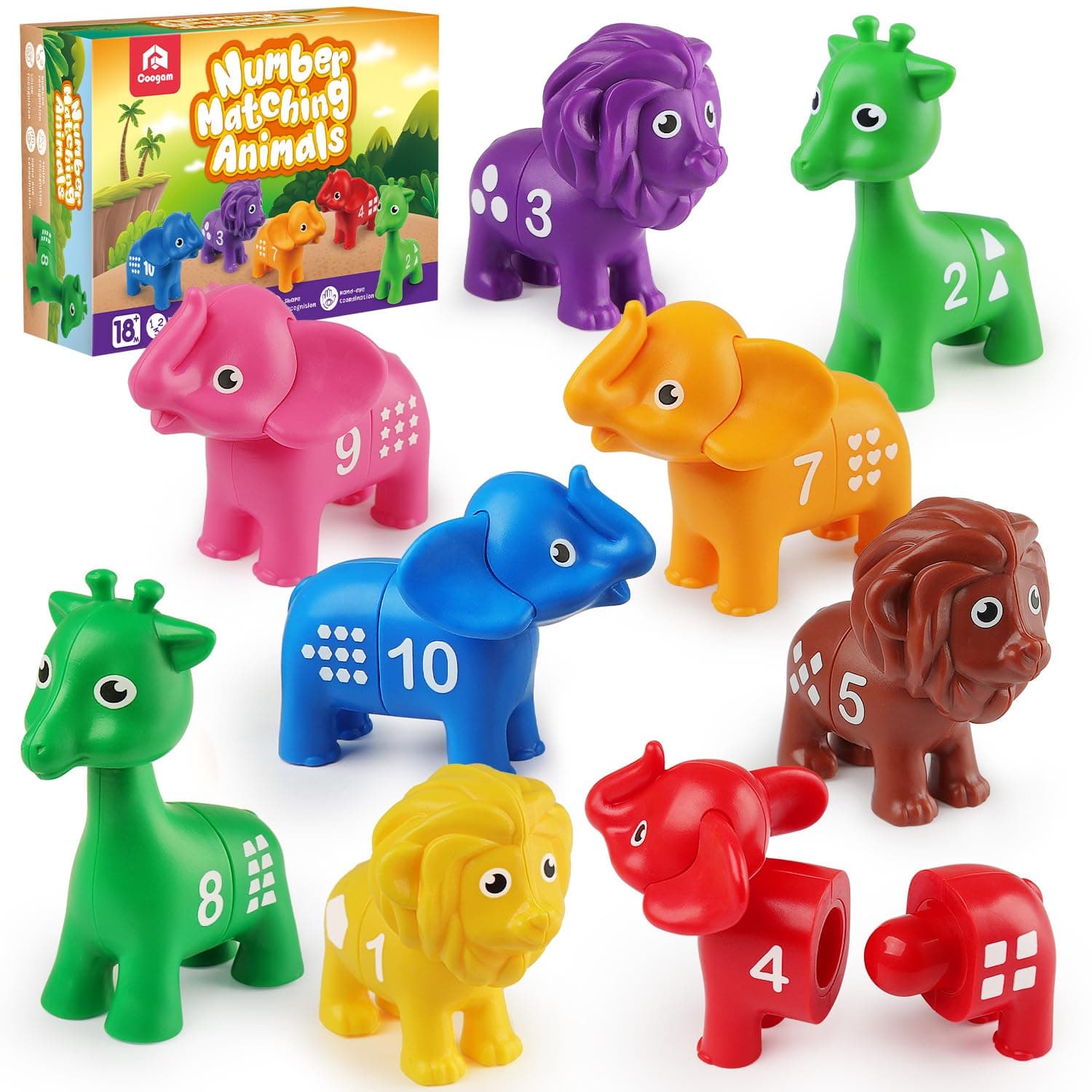 Coogam Number Matching Toy Set, 10pcs Double-Sided Animal Number Counting Game, Preschool Montessori Fine Motor Skill Mathematics Educational Toys for Kids