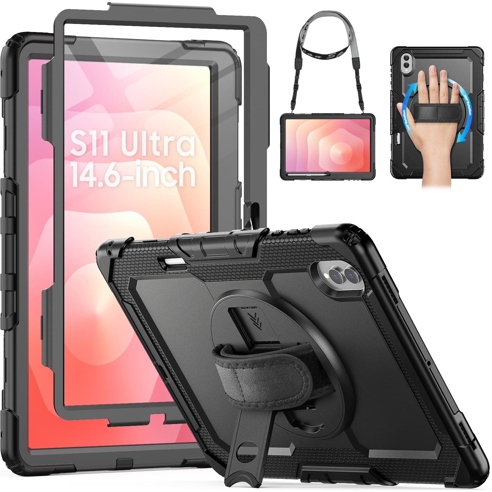 HXCASEAC Case for Samsung Galaxy Tab S11 Ultra 14.6 Inch 2025, Heavy Duty Shockproof with Screen Protector/Hand Strap/S Pen Holder, for Samsung Galaxy S11 Ultra Tablet Case SM-X930, SM-X936B, Black